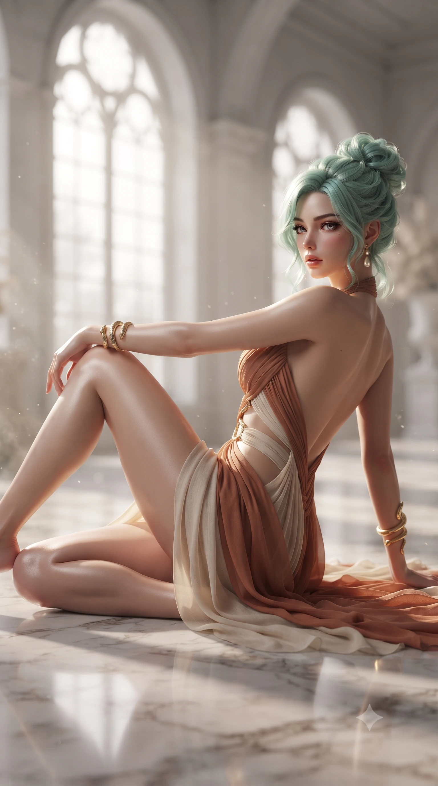 score_9, masterpiece, best quality, ultra-detailed, high-budget anime keyframe, editorial fashion photography, tasteful artistic composition, Japanese woman. low angle full-body shot from head to toe showing her feet, filling the entire 9:16 vertical frame with her statuesque presence, stretching her vertical silhouette. reclining on her side in an elegant Cleopatra pose with one knee drawn up, the dramatic contour of her rounded hips and long slender legs commanding the 9:16 vertical frame while lying languidly on the polished marble studio floor, legs extended in an alluring dancer line as north light pours over her form. The composition keeps background elements in soft focus with creamy bokeh. soaring arched studio windows and drifting marble dust softened in classical artistic shallow focus. She has an absolutely perfect, statuesque 8.5-heads proportion, an exceptionally tall and slender model-like female figure with impossibly long slender legs, a toned flat midriff, an ultra-slim waist, and beautifully sculpted feminine hips. sharp v-shaped jawline, high-bridge nose, intricate jewel-like eyes with depth, thick eyelashes, glossy parted lips with a natural sheen, intensely captivating and seductive bedroom-eyes expression, flawlessly proportioned anatomical accuracy, strict slender model proportions, natural body alignment, perfectly sculpted long slender limbs, ultra-slim waistline, clean dynamic posture without body distortion. wearing a modern sculptural tube dress with diagonal midriff cutouts framed by golden laurel hardware in terracotta clay and natural linen ivory, woven from layered gossamer chiffon with a weightless sweeping drape, complemented by sculpted gold serpent armlets and pearl drop earrings, the dramatically scooped open back descending to the base of her spine, accentuating her razor-sharp statuesque lines and curvy hourglass silhouette. bathed in dramatic natural north skylight streaming through cathedral windows. ultra-reflective glossy finish, specular highlights, rich textural contrasts, high-contrast stereoscopic depth, volumetric dynamic lighting, 2k, ultra detail, master piece, 9:16 ratio