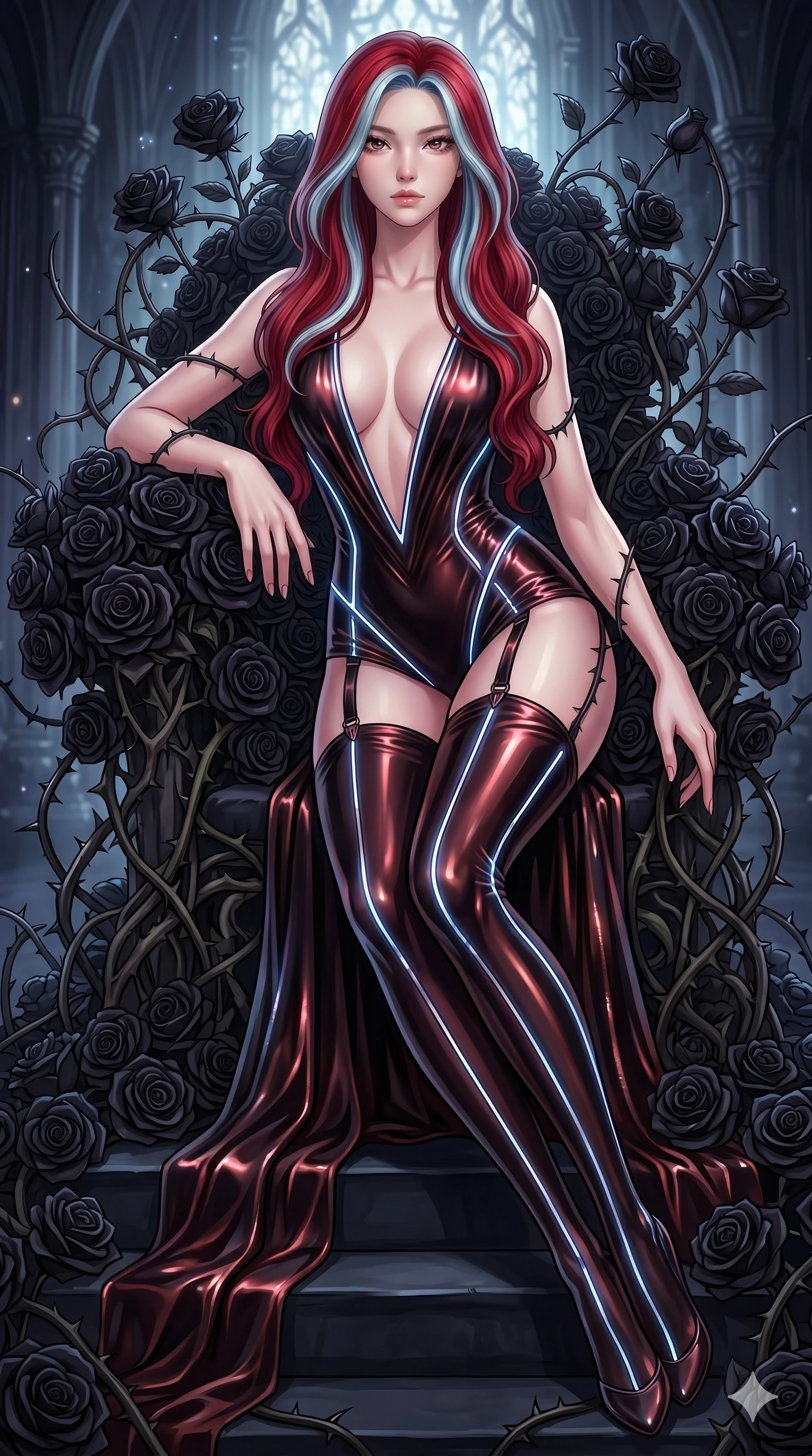 score_9, masterpiece, best quality, ultra-detailed, High-budget Anime Keyframe, East Asian woman. Dynamic full-body shot stretching the vertical silhouette to the limit. Scenario 240: Resting on a throne of black roses, thorns grazing her skin. Her presence is magnetic and overpowering in this high-budget anime scene. Outfit 240: A molten liquid silk garter with a plunging V-neckline and glowing LED seams. The clothing is designed to emphasize her exceptionally tall and slender 8-heads proportion. 8-heads proportion, towering silhouette, ultra-slim waist. sharp v-shaped jawline, intricate jewel-like eyes with depth, thick eyelashes, glossy lips. 2k, ultra detail, master piece, 9:16 ratio