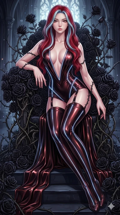 score_9, masterpiece, best quality, ultra-detailed, High-budget Anime Keyframe, East Asian woman. Dynamic full-body shot stretching the vertical silhouette to the limit. Scenario 240: Resting on a throne of black roses, thorns grazing her skin. Her p