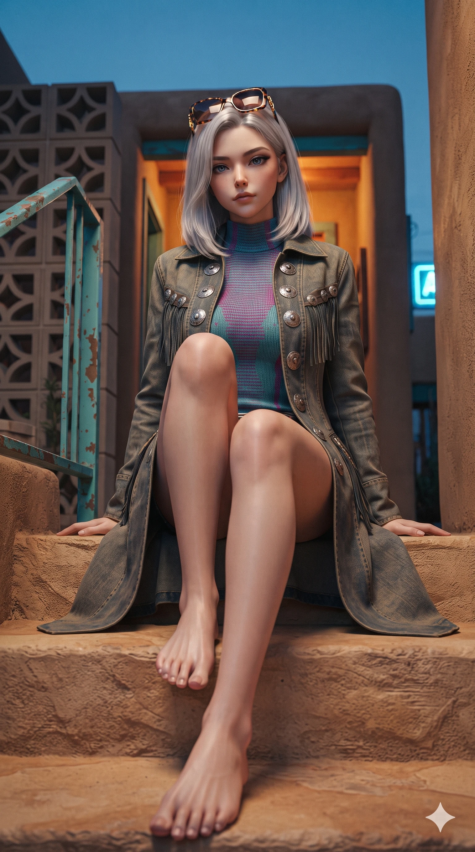 score_9, masterpiece, best quality, ultra-detailed, high-budget anime keyframe, editorial fashion photography, tasteful artistic composition, Korean woman. low angle full-body shot from head to toe showing her feet, filling the entire 9:16 vertical frame with her statuesque presence, stretching her vertical silhouette. sitting poised on the warm sandstone steps with one knee bent, arching her spine with supermodel elegance as she glances upward through thick eyelashes while twisting her slender torso in an alluring S-curve between room doors and exterior sconces, warm incandescent light tracing her flat midriff and hips. The surrounding environment is rendered in vivid detail and crisp panoramic clarity: sharp cast-concrete breeze block geometry, weathered turquoise metal railing paint, and textured stucco walls in deep focus. She has an absolutely perfect, statuesque 8.5-heads proportion, an exceptionally tall and slender model-like female figure with impossibly long slender legs, an ultra-slim waist, a flat toned midriff, narrow delicate ribcage, and beautifully sculpted feminine hips creating a graceful, slim hourglass silhouette without any bulky heaviness. sharp v-shaped jawline, high-bridge nose, sparkling eyes with hypnotic seductive depth, thick curled eyelashes, glossy parted lips with a natural dewy peach sheen, alluring bedroom-eyes with an enchanting coquettish smile, exuding magnetic siren charisma and sophisticated glamour, flawlessly proportioned anatomical accuracy, strict slender model proportions, natural body alignment, perfectly sculpted long slender limbs, ultra-slim waistline, clean dynamic posture without body distortion. wearing a tailored Western duster coat with silver concho buttons and structured lapels layered over a modest high-neck knit in blazing desert neon turquoise and fiery magenta, woven from bespoke sun-bleached selvedge denim with rich tactile slub texture, complemented by oversized designer tortoiseshell sunglasses resting atop her head, the impeccably tailored cut draping gracefully along her slender figure with aristocratic western poise. bathed in the moody, nostalgic contrast of warm amber door lights and ambient cool twilight neon filtering from the courtyard. ultra-reflective glossy finish, specular highlights, rich textural contrasts, high-contrast stereoscopic depth, volumetric dynamic lighting, 2k, ultra detail, master piece, 9:16 ratio