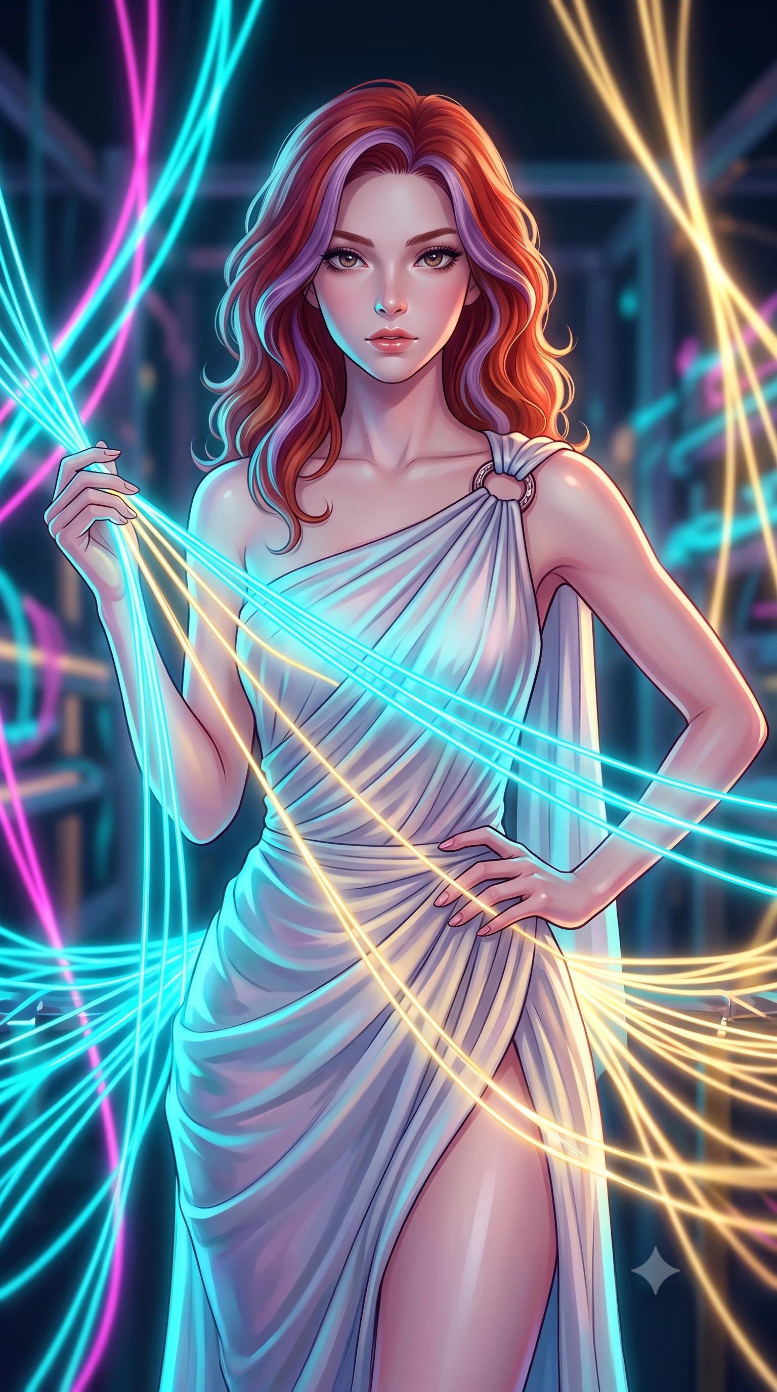 score_9, masterpiece, best quality, ultra-detailed, high-budget anime keyframe, editorial fashion photography, tasteful artistic composition, Caucasian woman. close-up cowboy shot from the waist and thighs up, the character dominates the composition, filling the frame with her large presence, background elements kept in soft focus. Holding a confident power pose with one hand on her hip, gazing directly into the camera with quiet intensity threading fluorescent fiber optic lines on a massive 3D light loom, fluorescent cyan, magenta, and gold light threads crossing in 3D space. She has an exceptionally elegant, slender, and willowy female figure with an ultra-slim waist, a gracefully sculpted slender torso, and a refined silhouette. sharp v-shaped jawline, high-bridge nose, intricate jewel-like eyes with depth, thick eyelashes, glossy lips with a natural sheen. wearing an elegant Grecian draped chiffon gown with an asymmetrical shoulder strap and ring detail, the elegant draped fit framing her graceful clavicle and slender torso. illuminated by the brilliant glow of cyan and gold luminescent threads. highly saturated vibrant anime colors, detailed shading with soft gradients, rich glossy textures, high-contrast stereoscopic depth, volumetric dynamic lighting, master piece, 9:16 ratio