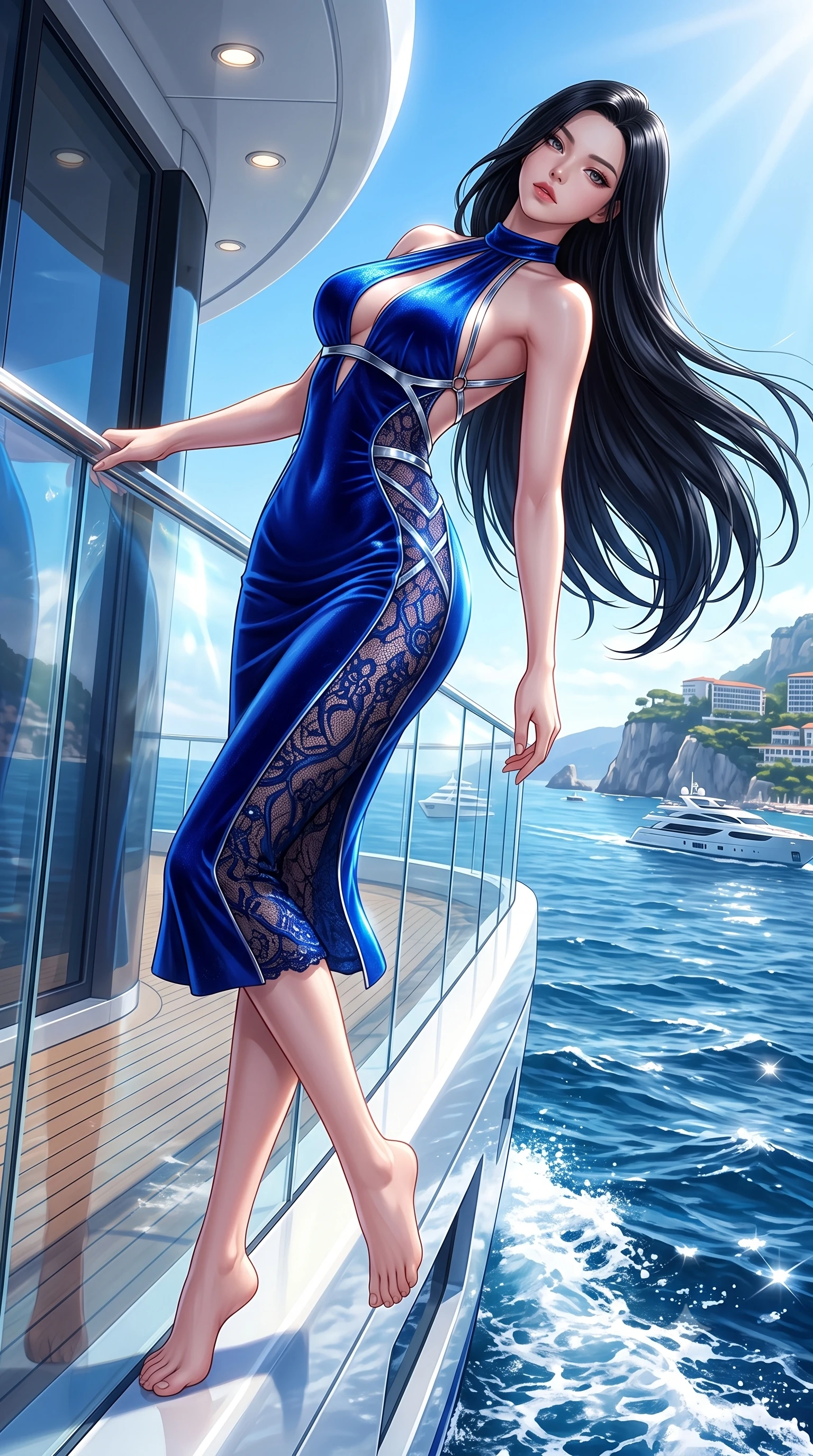 score_9, masterpiece, best quality, ultra-detailed, high-budget anime keyframe, semi-realistic 3D game render, editorial fashion photography, tasteful artistic composition, Korean woman. low angle full-body shot from head to toe showing her feet, filling the entire 9:16 vertical frame with her statuesque presence, stretching her vertical silhouette. arching her back in a fluid zero-gravity turn with sovereign grace, her long slender legs and sculpted torso creating a sweeping line while pivoting dynamically near the yacht glass balustrade as the vessel cuts through sparkling deep blue ocean waves. The surrounding environment is rendered in vivid detail and crisp panoramic clarity. high-contrast luxury maritime aesthetic and sun-drenched coastal views in panoramic precision. She has an absolutely perfect, statuesque 8.5-heads proportion, an exceptionally tall and slender model-like female figure with impossibly long slender legs, a toned flat midriff, and an ultra-slim waist. sharp v-shaped jawline, high-bridge nose, intricate jewel-like eyes with depth, thick eyelashes, glossy lips with a natural sheen, flawlessly proportioned anatomical accuracy, strict slender model proportions, natural body alignment, perfectly sculpted long slender limbs, ultra-slim waistline, clean dynamic posture without body distortion. wearing a velvet halter-neck midi dress fitting her statuesque contour flawlessly with a Tasteful chest slit and open spine in liquid electric cobalt blue and polished silver, crafted from delicate dark lace interwoven with luminescent micro-fibers, reinforced by a sleek metallic chrome harness and delicate glowing micro-straps, the liquid-tight tailored fabric emphasizing every curve of her tall, slender model proportions and sculptured silhouette during dynamic movement. illuminated by intense white fill light and crisp specular highlights tracing her slender curves. highly saturated vibrant anime colors, detailed shading with soft gradients, rich glossy textures, high-contrast stereoscopic depth, volumetric dynamic lighting, master piece, 9:16 ratio