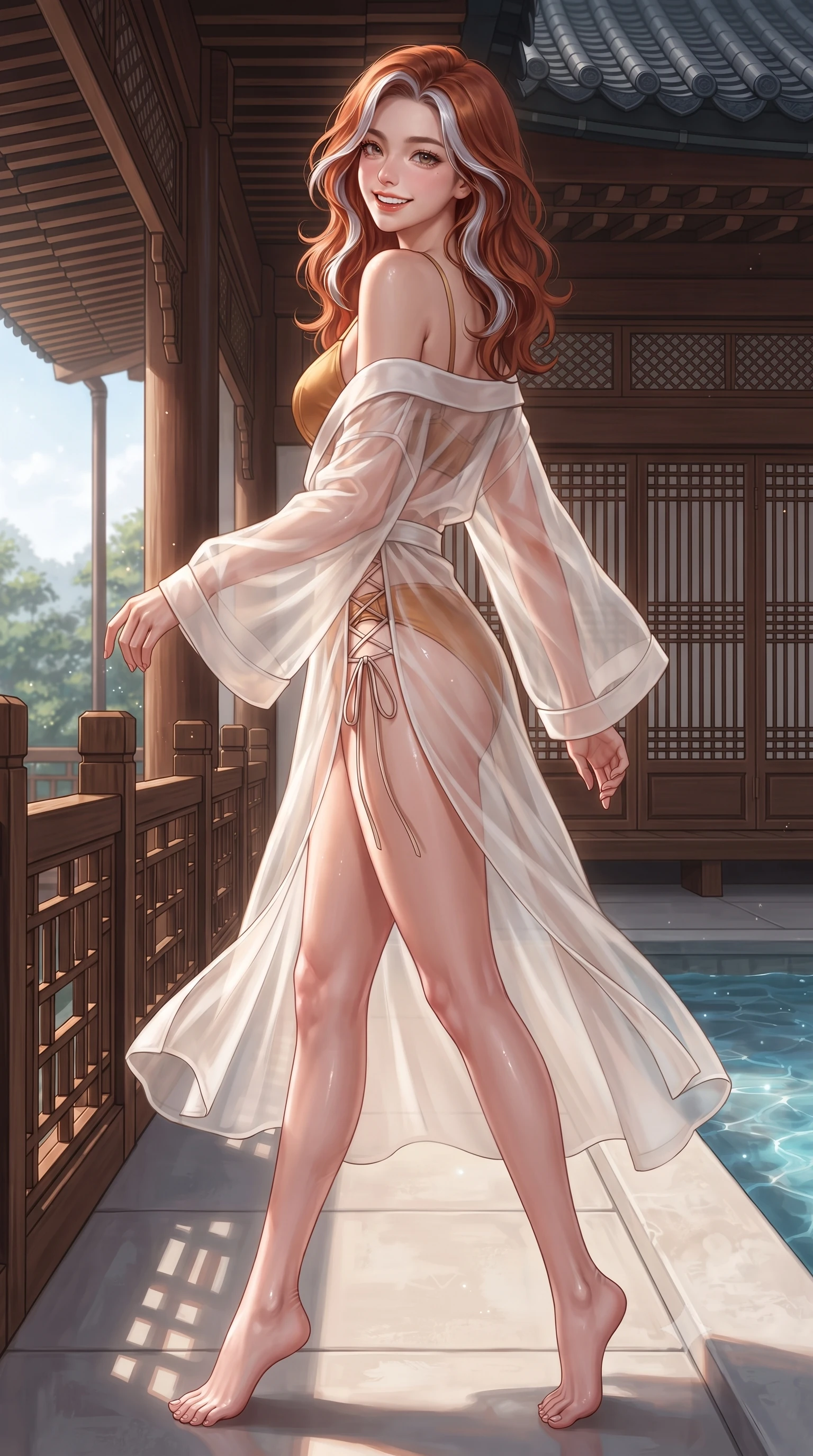 score_9, masterpiece, best quality, ultra-detailed, high-budget anime keyframe, editorial fashion photography, tasteful artistic composition, Caucasian woman. low angle full-body shot from head to toe showing her feet, filling the entire 9:16 vertical frame with her statuesque presence, stretching her vertical silhouette. walking along the terrace with poise, looking back over her bare shoulder with an irresistible smoldering bedroom-gaze while twisting her slender torso in an alluring S-curve, glistening thermal droplets and silver moonlight tracing her flat midriff and hips. The surrounding environment is rendered in vivid detail and crisp panoramic clarity: detailed sheer silk chiffon slip dress with eyelash lace cups, high side slit, and Korean master woodcraft in razor-sharp precision. She has an exceptionally tall and slender model-like 8.5-heads proportion, an ultra-slim waist, a flat toned midriff, narrow delicate ribcage, and beautifully sculpted feminine hips creating a graceful, slim hourglass silhouette without any bulky heaviness, with impossibly long slender legs. sharp v-shaped jawline, high-bridge nose, intricate jewel-like sparkling eyes with depth, thick eyelashes, glossy parted lips with a natural peach sheen, bright cheerful beaming smile with an enchanting and coquettish sensual glint, exuding both youthful cute charm and seductive allure, flawlessly proportioned anatomical accuracy, strict slender model proportions, natural body alignment, perfectly sculpted long slender limbs, ultra-slim waistline, clean dynamic posture without body distortion. wearing a modern sheer organza kimono dress with wide sleeves slipping gracefully off bare shoulders over a fitted bralette in Beverly Hills honey champagne and warm toasted caramel, made of fluid liquid jersey with seamless sculpting hold and smooth contours, featuring fine criss-cross lace-up side ties revealing tantalizing glimpses of her hip curve, the high-slit wrap tailoring accentuating her ultra-slim waistline and the enchanting curve of her feminine hips with alluring seductive charm. illuminated by thermal pool surface caustics and sharp pearlescent rim lights sculpting her jawline, narrow waist, and curvy hips. ultra-reflective glossy finish, specular highlights, rich textural contrasts, high-contrast stereoscopic depth, volumetric dynamic lighting, 2k, ultra detail, master piece, 9:16 ratio