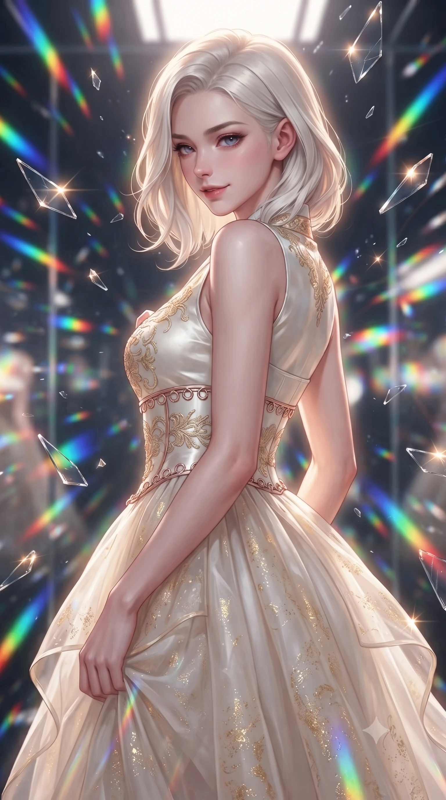 score_9, masterpiece, best quality, ultra-detailed, high-budget anime keyframe, editorial fashion photography, tasteful artistic composition, Caucasian woman. close-up cowboy shot from the waist and thighs up, the character dominates the composition, filling the frame with her large presence, background elements kept in soft focus. Glancing sidelong over her shoulder with a smoldering half-smile, navigating a prism maze with infinite light reflections scattering into rainbow spectrums, shattered glass shards suspended in mid-air catching specular glints. She has an exceptionally elegant, slender, and willowy female figure with an ultra-slim waist, a gracefully sculpted slender torso, and a refined silhouette. sharp v-shaped jawline, high-bridge nose, intricate jewel-like eyes with depth, thick eyelashes, glossy lips with a natural sheen. wearing modern fusion white hanbok dress with structured gold-embroidered bodice in glowing ivory, made of sculpted platinum chrome, trimmed with rose-gold ring hardware along the waist contours, the fitted fabric emphasizing her ultra-slim waist. surrounded by a radiant kaleidoscope rim light aura. highly saturated vibrant anime colors, detailed shading with soft gradients, rich glossy textures, high-contrast stereoscopic depth, volumetric dynamic lighting, master piece, 9:16 ratio