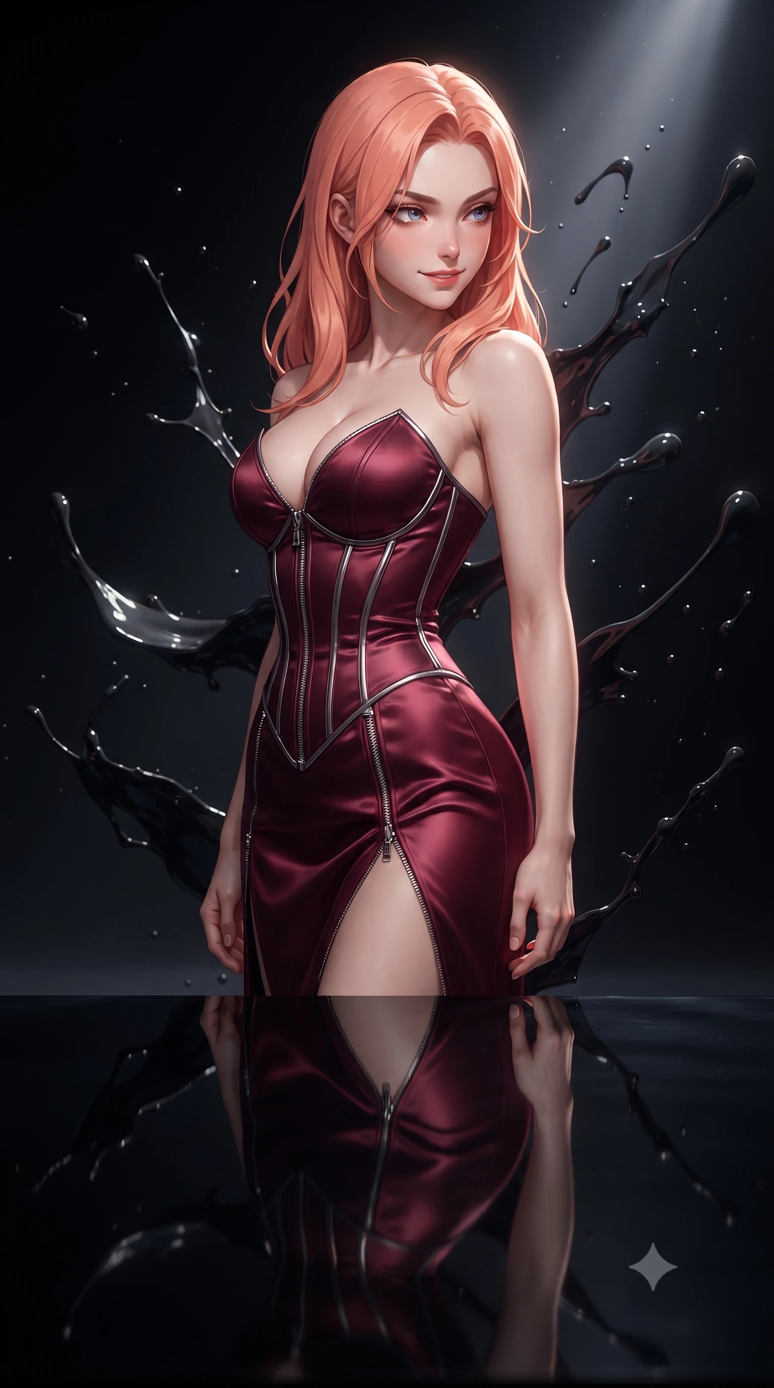 score_9, masterpiece, best quality, ultra-detailed, high-budget anime keyframe, editorial fashion photography, tasteful artistic composition, Japanese woman. close-up cowboy shot from the waist and thighs up, the character dominates the composition, filling the frame with her large presence, background elements kept in soft focus. Glancing sidelong over her shoulder with a smoldering, enigmatic half-smile, inside a pitch-black art studio filled with suspended splashes of dark acrylic paint, dark reflective glass floor mirroring her vertical pose in deep shadows. She has an exceptionally elegant, slender, and willowy female figure with an ultra-slim waist, a gracefully sculpted slender torso, and a refined silhouette. sharp v-shaped jawline, high-bridge nose, intricate jewel-like eyes with depth, thick eyelashes, glossy lips with a natural sheen. wearing low-cut gothic structured bodice gown with high leg slit in deep crimson burgundy, made of soft dark satin, finished with metallic silver boning and sleek zipper points, highlighting her statuesque proportions and ultra-slim waistline. lit by single intense key ray accentuating liquid paint contours. highly saturated vibrant anime colors, detailed shading with soft gradients, rich glossy textures, high-contrast stereoscopic depth, volumetric dynamic lighting, master piece, 9:16 ratio