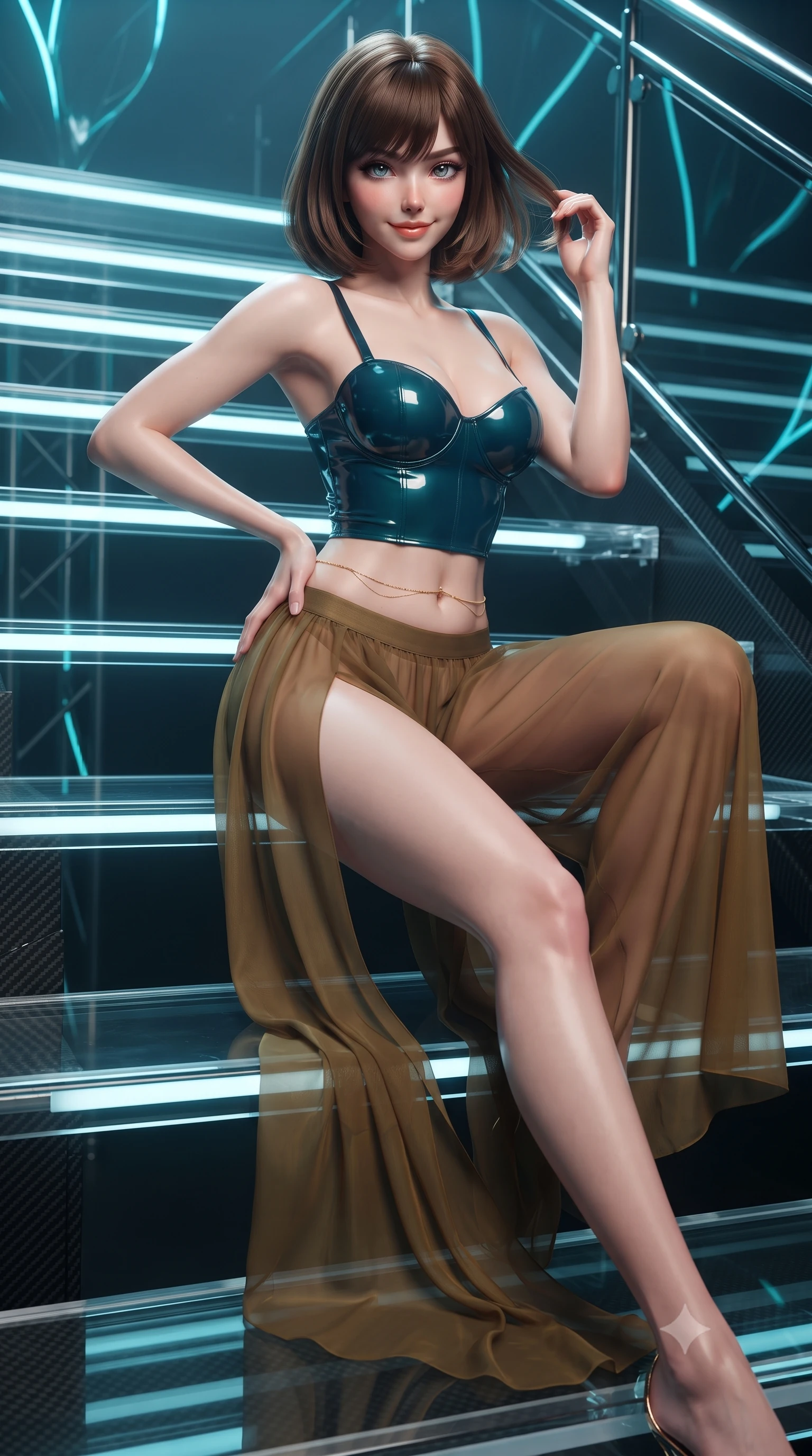 score_9, masterpiece, best quality, ultra-detailed, high-budget anime keyframe, editorial fashion photography, tasteful artistic composition, Caucasian woman. close-up cowboy shot from the waist and thighs up, the character dominates the composition, filling the frame with her large presence. twisting her slender torso in an alluring contrapposto stance, one hand resting on her sculpted hip while her fingers toy with her hair with effortless poise while sitting on a catwalk stair tread with legs extended gracefully downward, displaying her impossibly long slender limbs with supermodel cool. The surrounding environment is rendered in vivid detail and crisp panoramic clarity: sharp glowing flower petal veins, clear acrylic catwalk tread edges, and carbon-fiber structural truss ribs in deep focus. She has an exceptionally elegant, slender, and willowy female figure with an ultra-slim waist, flat toned midriff, narrow ribcage, and sculpted feminine hips creating an alluring, slim hourglass silhouette without bulk. sharp v-shaped jawline, high-bridge nose, sparkling eyes with hypnotic seductive depth, thick curled eyelashes, glossy parted lips with a natural dewy peach sheen, alluring bedroom-eyes with an enchanting coquettish smile, exuding magnetic siren charisma and sophisticated glamour, flawlessly proportioned anatomical accuracy, strict slender model proportions, natural body alignment, perfectly sculpted long slender limbs, ultra-slim waistline, clean dynamic posture without body distortion. wearing a wet-look form-fitting vinyl bustier paired with sheer chiffon high-slit wide-leg trousers in deep peacock teal and burnished antique brass, crafted from wet-look high-gloss vinyl fabric with dazzling specular surface reflections, accented with a dainty gold belly chain resting across her flat midriff and curving hips, the high-slit wrap tailoring accentuating her ultra-slim waistline and the enchanting curve of her feminine hips with alluring seductive charm. illuminated by acrylic catwalk reflection fill and sharp electric-cyan rim lights defining her delicate clavicles, ultra-slim waist, and curvy hips. ultra-reflective glossy finish, specular highlights, rich textural contrasts, high-contrast stereoscopic depth, volumetric dynamic lighting, 2k, ultra detail, master piece, 9:16 ratio