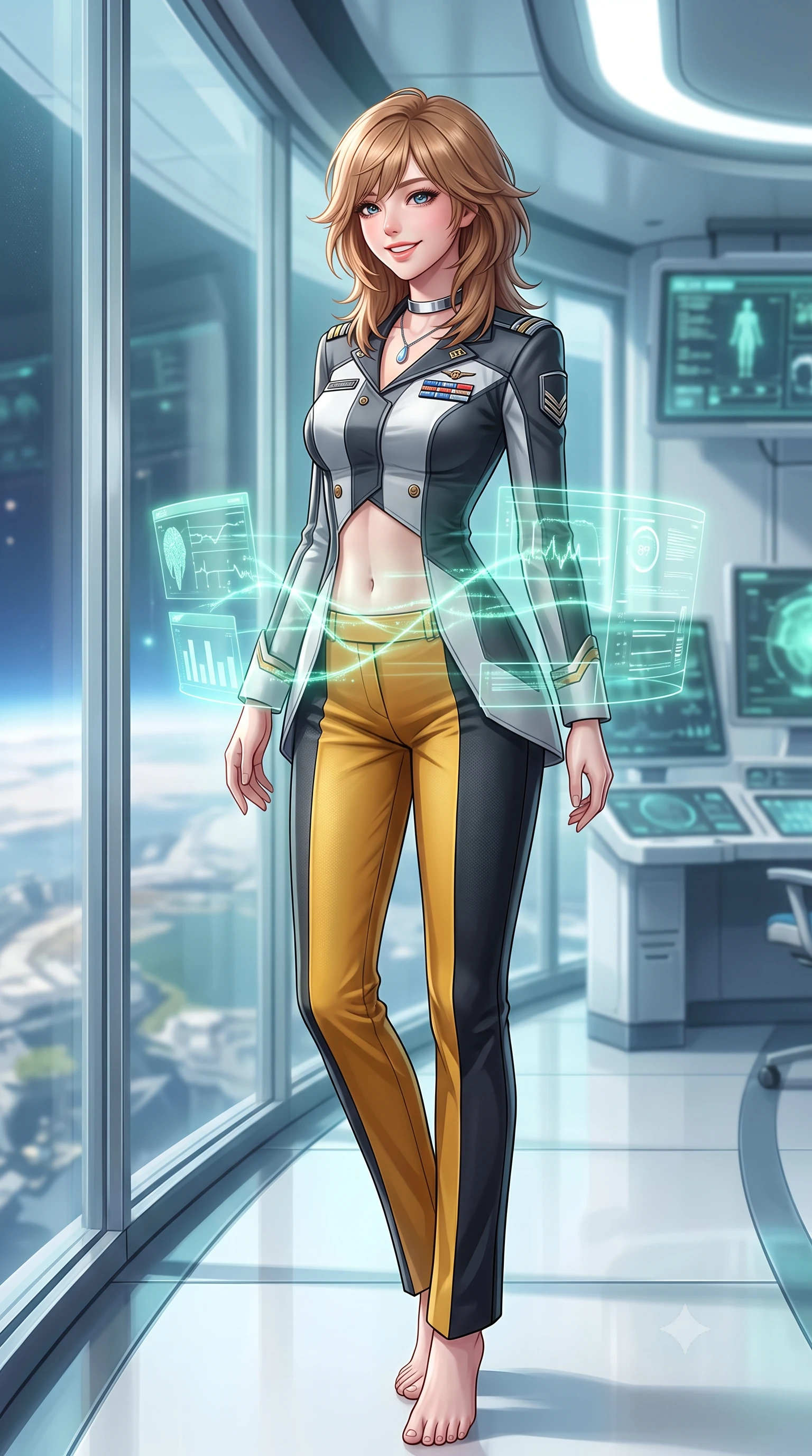 score_9, masterpiece, best quality, ultra-detailed, high-budget anime keyframe, semi-realistic 3D game render, editorial fashion photography, tasteful artistic composition, Korean woman. low angle full-body shot from head to toe showing her feet, filling the entire 9:16 vertical frame with her statuesque presence, stretching her vertical silhouette. posing in a classic haute-couture S-curve stance beside the floor-to-ceiling window, looking over a bare shoulder with magnetic presence while twisting her slender torso in an alluring S-curve, soft mint-green neurological telemetry streams projecting holographic charts across her flat midriff and hips. The background shows a soft-focus sterile clinical micro-vapor softened in luxury cyber-clinic penthouse shallow focus. She has an exceptionally tall and slender model-like 8.5-heads proportion, an ultra-slim waist, a flat toned midriff, narrow delicate ribcage, and beautifully sculpted feminine hips creating a graceful, slim hourglass silhouette without any bulky heaviness, with impossibly long slender legs. sharp v-shaped jawline, high-bridge nose, intricate jewel-like sparkling eyes with depth, thick eyelashes, glossy parted lips with a natural peach sheen, bright cheerful beaming smile with an enchanting and coquettish sensual glint, exuding both youthful cute charm and seductive allure, flawlessly proportioned anatomical accuracy, strict slender model proportions, natural body alignment, perfectly sculpted long slender limbs, ultra-slim waistline, clean dynamic posture without body distortion. wearing a tailored orbital colony command uniform in dark grey and white paneling with rank insignia pins and tailored straight-leg trousers in solar-wind gold and deep space void black, tailored from high-density tech-wool with subtle metallic thread weave, finished with a minimalist chrome choker and a single teardrop diamond pendant, the impeccably tailored cut draping gracefully along her slender figure with aristocratic poise. bathed in pristine 6000K clinical white light combined with soft emerald holographic ambient glow. highly saturated vibrant anime colors, detailed shading with soft gradients, rich glossy textures, high-contrast stereoscopic depth, volumetric dynamic lighting, master piece, 9:16 ratio