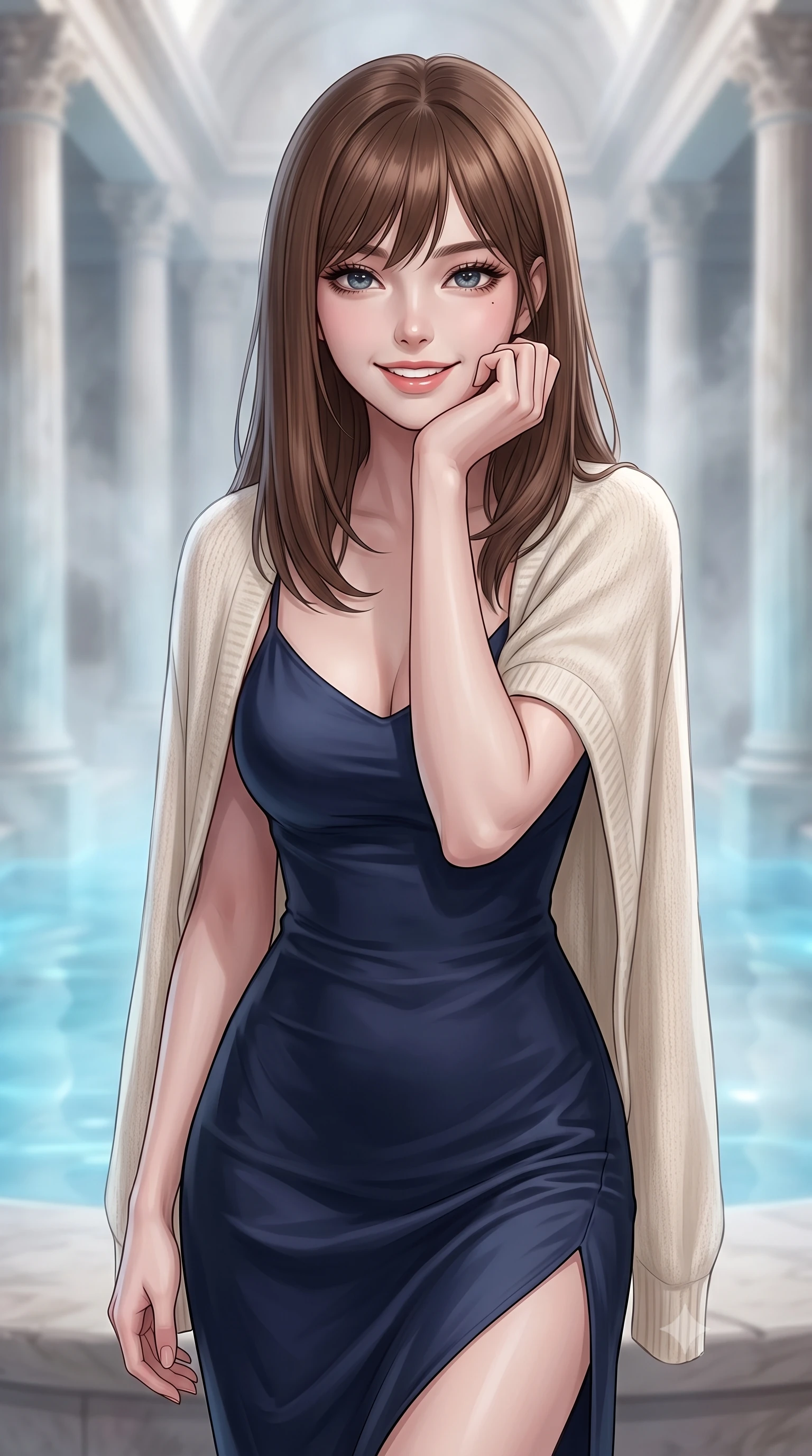 score_9, masterpiece, best quality, ultra-detailed, high-budget anime keyframe, editorial fashion photography, tasteful artistic composition, Korean woman. close-up cowboy shot from the waist and thighs up, the character dominates the composition, filling the frame with her large presence, background elements kept in soft focus. Resting her chin on her hand, smiling warmly with relaxed happiness. set against a soft-focus background of inside a grand roman bath chamber with columns of white travertine, the steaming thermal waters glowing with an opaline blue light. She has an exceptionally elegant, slender, and willowy female figure with a highly-defined ultra-slim waist, a gracefully sculpted slender torso, and a refined slim-fit silhouette that contours her form. sharp v-shaped jawline, high-bridge nose, intricate jewel-like eyes with depth, thick eyelashes, glossy lips with a natural sheen. wearing a deep navy silk slip midi dress featuring a tasteful side thigh slit, layered with a soft cream knit shawl. soft diffused steam light mixed with a gentle blue underwater glow illuminating the white stone columns. 2k, ultra detail, master piece, 9:16 ratio