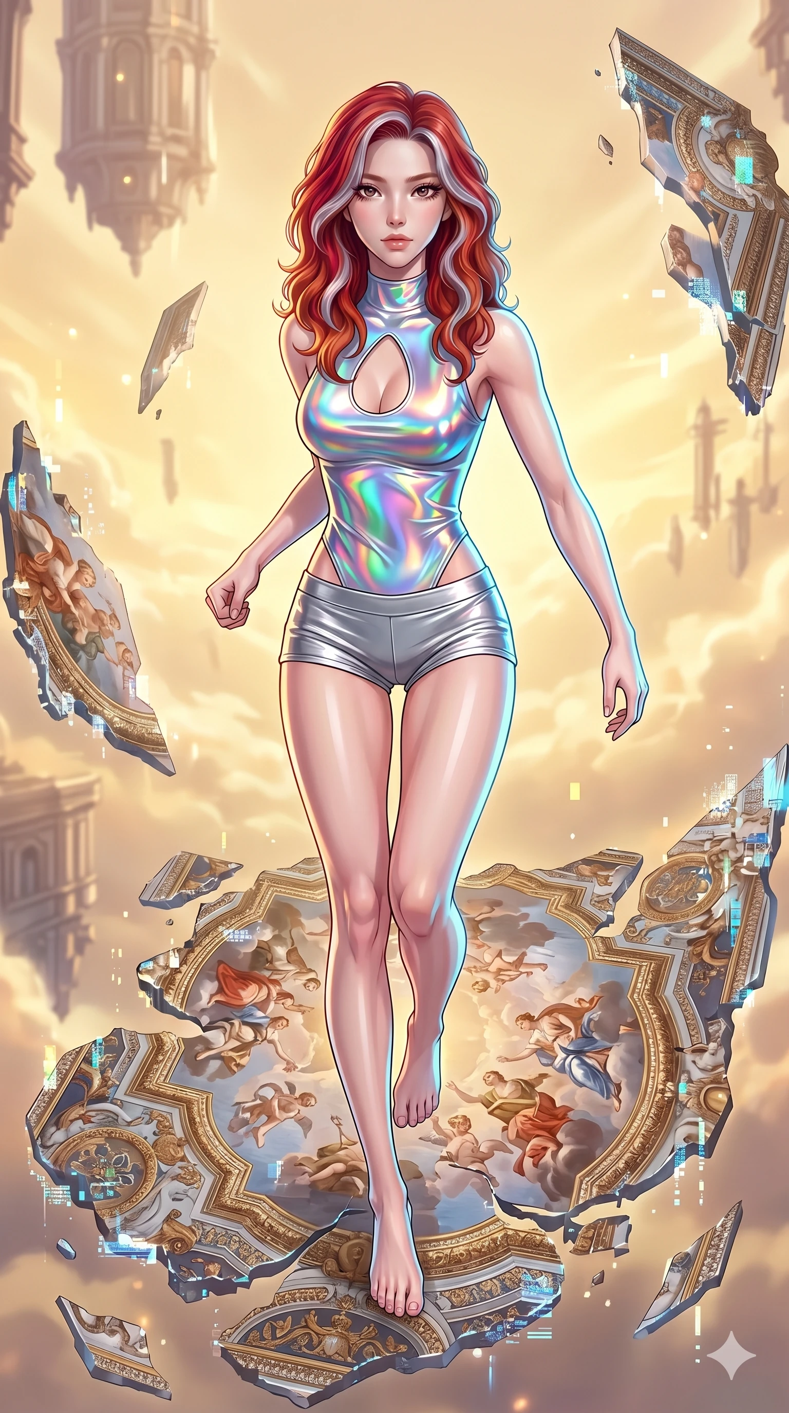 score_9, masterpiece, best quality, ultra-detailed, high-budget anime keyframe, Korean woman. upper body close-up from the thighs up, character filling the screen for maximum presence. propelling herself off digital baroque ceiling fresco shards that float and reassemble in a golden sky. She has an absolutely perfect 8-heads proportion, an exceptionally tall and slender female figure with impossibly long slender legs and an ultra-slim waist. V-shaped jawline, high-bridge nose, intricate jewel-like eyes with depth, thick eyelashes, glossy lips with a natural sheen.. wearing a holographic liquid silk vest and silver metallic micro-shorts, featuring a keyhole cutout and form-fitting silhouette. lit by a soft glowing ambient light and a sharp side key light that traces the sleek contours of her athletic build. 2k, ultra detail, master piece, 9:16 ratio