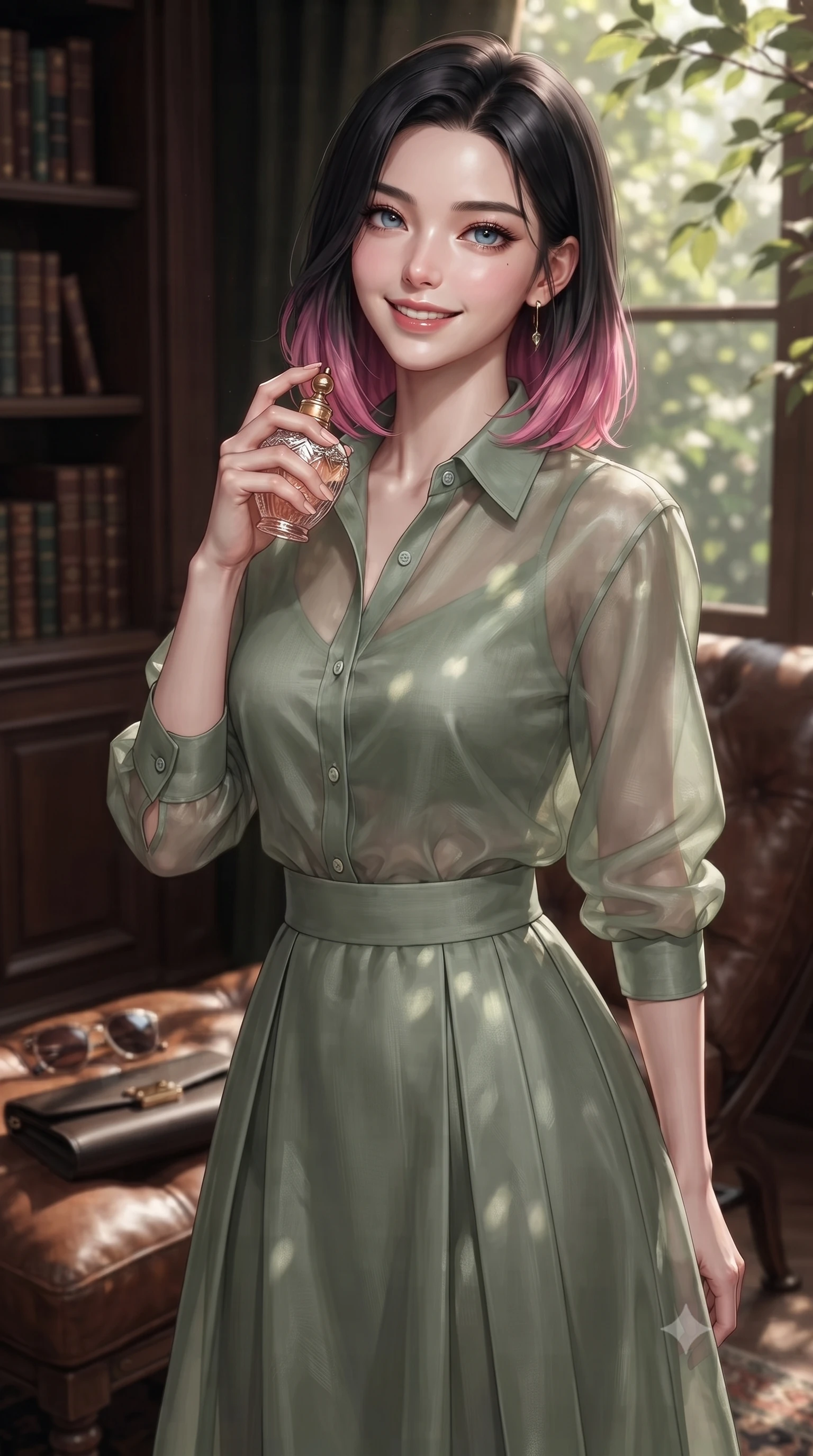 score_9, masterpiece, best quality, ultra-detailed, high-budget anime keyframe, editorial fashion photography, tasteful artistic composition, Korean woman. close-up cowboy shot from the waist and thighs up, the character dominates the composition, filling the frame with her large presence, background elements kept in soft focus. holding a vintage perfume bottle to her neck, smiling with quiet magnetic self-assurance set against a soft-focus background of inside an exclusive historic manor library with a pair of designer sunglasses and a sleek leather clutch bag on the lounger. She has an exceptionally elegant, slender, and willowy female figure with an ultra-slim waist, a gracefully sculpted slender torso, and a refined silhouette. sharp v-shaped jawline, high-bridge nose, intricate jewel-like eyes with depth, thick eyelashes, glossy lips with a natural sheen. wearing form-contouring sage green sheer organza casual linen button-down shirt paired with a flowy pleated midi skirt featuring refined tailored seams. highlighted by dappled sunlight filtering through leafy branches, creating soft organic patterns. ultra-reflective glossy finish, specular highlights, metallic sheen, high-contrast stereoscopic depth, volumetric dynamic lighting, 2k, ultra detail, master piece, 9:16 ratio