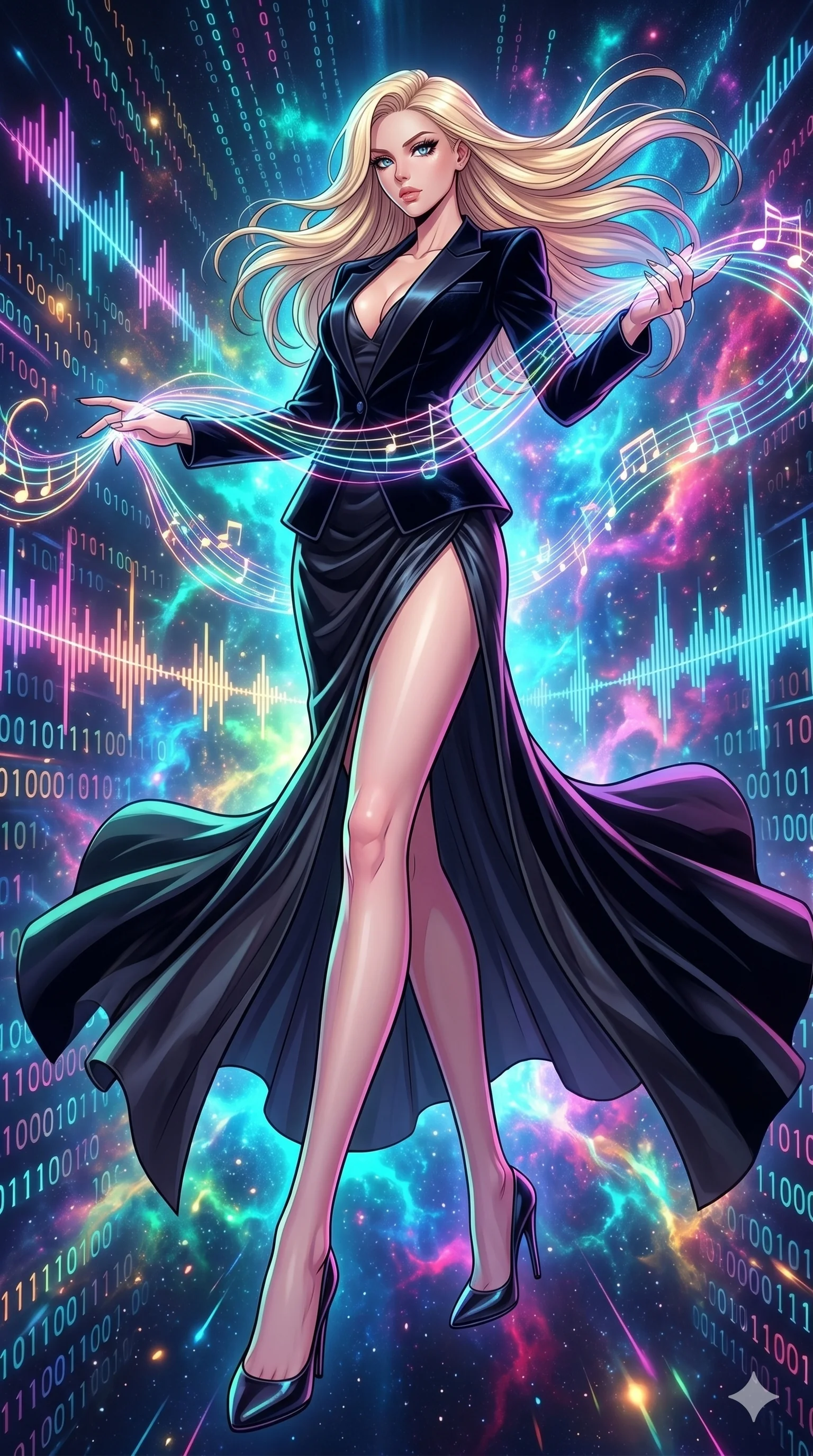score_9, masterpiece, best quality, ultra-detailed, high-budget anime movie keyframe, cinematic anime lighting, intricate line art, Korean woman. Dynamic full-body shot stretching the vertical silhouette with extreme perspective. weaving a symphony of light and sound in a digital void. She has an absolutely perfect 8-heads proportion, an exceptionally tall and slender female figure with an ultra-slim waist and impossibly long slender legs. strictly human anatomy, two legs only, no extra limbs, clearly defined legs and arms, perfect anatomy, perfect hands and fingers. sharp v-shaped jawline, high-bridge nose, intricate jewel-like eyes, thick eyelashes, glossy lips. Wearing High-Fashion Editorial: Silk slip dress with high side slit, backless velvet gown, and structured blazer with nothing underneath. The scene is illuminated by dramatic atmospheric lighting and vibrant color palettes. , 2k, ultra detail, master piece, 9:16 ratio