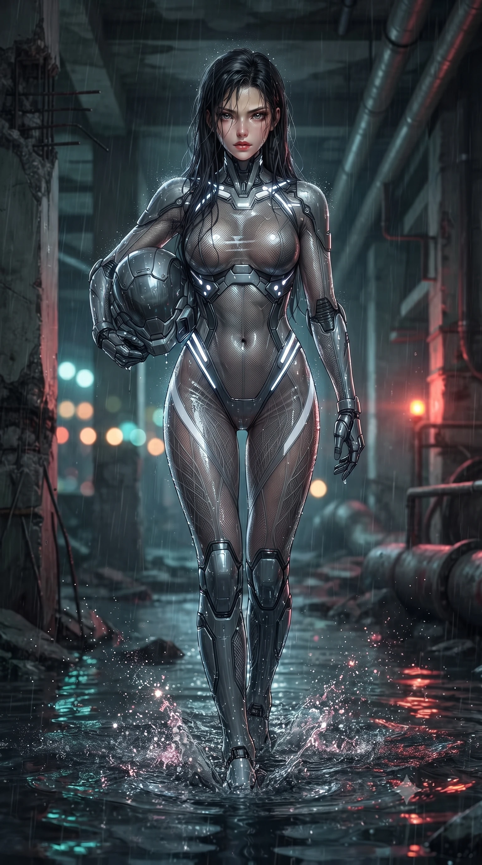 score_9, masterpiece, best quality, ultra-detailed, high-budget anime keyframe, editorial fashion photography, tasteful artistic composition, Korean woman. low angle full-body shot from head to toe showing her feet, filling the entire 9:16 vertical frame with her statuesque presence, stretching her vertical silhouette. striding forward with sovereign warrior elegance in a low, predatory combat advance through the ruins, hips swaying with fierce athletic poise while striding through knee-deep dark water with unwavering momentum, her long slender legs and athletic torso cutting through the tide. The composition keeps background elements in soft focus with creamy bokeh. sparkling water spray beads catching industrial warning light motes across a dark subterranean backdrop. She has an absolutely perfect, statuesque 8.5-heads proportion, an exceptionally tall and slender model-like female figure with impossibly long slender legs, a toned flat midriff, and an ultra-slim waist. sharp v-shaped jawline, high-bridge nose, intricate jewel-like eyes with depth, thick eyelashes, glossy lips with a natural sheen, fierce and resolute heroine expression, flawlessly proportioned anatomical accuracy, strict slender model proportions, natural body alignment, perfectly sculpted long slender limbs, ultra-slim waistline, clean dynamic posture without body distortion. holding a modular carbon battle-helmet under one arm, her flawless face and sculpted neck exposed to the rain with determined warrior focus, paired with an ultra-sleek high-gloss carbon-composite exoskeleton suit featuring kinetic shock-absorbing shin guards and flexible limb articulation joints in storm-grey carbon mesh with high-contrast white hazard stripes, crafted from semi-translucent cybernetic carbon-vinyl interwoven with glowing micro-filaments, accented with glowing fiber-optic telemetry conduits tracing her collarbones and hip curves, the liquid-tight tailored fabric emphasizing every curve of her tall, slender model proportions and sculptured silhouette during dynamic movement. illuminated by wet reflective highlights tracing her sculpted collarbones, waistline, and long slender legs. ultra-reflective glossy finish, specular highlights, dark metallic sheen, high-contrast stereoscopic depth, volumetric dynamic lighting, 2k, ultra detail, master piece, 9:16 ratio