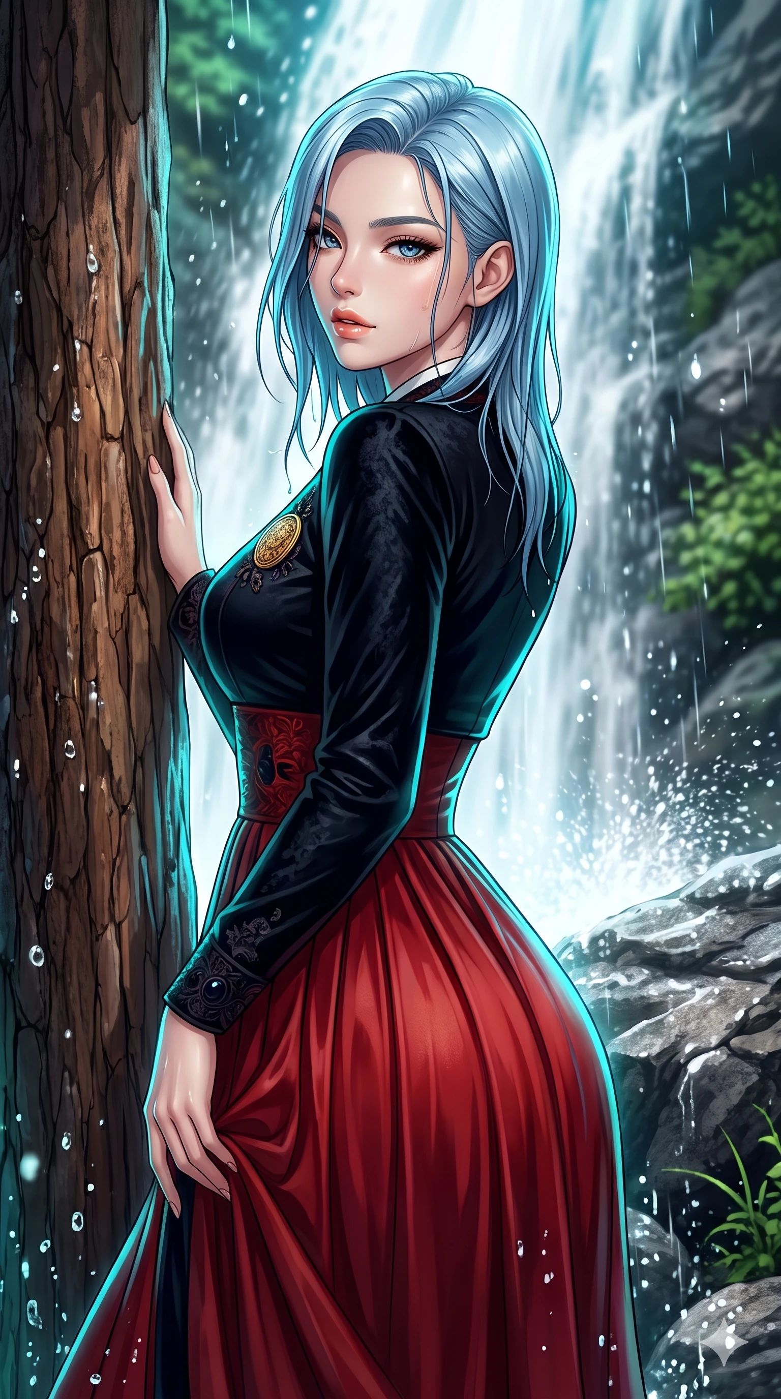 score_9, masterpiece, best quality, ultra-detailed, high-budget anime keyframe, semi-realistic 3D game render, editorial fashion photography, tasteful artistic composition, Korean woman. close-up cowboy shot from the waist and thighs up, the character dominates the composition, filling the frame with her large presence. posing in an alluring rear three-quarter angle, looking over a bare shoulder with parted glossy lips, her hips cocked back to highlight her slim hourglass curve while leaning against the rustic pine post with hips cocked back, looking through dark wet strands of hair with smoldering bedroom-eyes. The surrounding environment is rendered in vivid detail and crisp panoramic clarity: sharp falling water spray droplets, wet granite rock texture, and rustic pine post bark in deep focus. She has an exceptionally elegant, slender, and willowy female figure with an ultra-slim waist, flat toned midriff, narrow ribcage, and sculpted feminine hips creating an alluring, slim hourglass silhouette without bulk. sharp v-shaped jawline, high-bridge nose, sparkling eyes with hypnotic seductive depth, thick curled eyelashes, glossy parted lips with a natural dewy peach sheen, alluring bedroom-eyes with an enchanting coquettish smile, exuding magnetic siren charisma and sophisticated glamour, flawlessly proportioned anatomical accuracy, strict slender model proportions, natural body alignment, perfectly sculpted long slender limbs, ultra-slim waistline, clean dynamic posture without body distortion. wearing an elegant long-sleeve embroidered silk chima gown with a structured jeogori bodice and graceful pleated drape in midnight obsidian black and rich cinnabar red, tailored from crushed dark velvet with deep light-absorbing plush texture, accented with an authentic engraved gold medallion and obsidian cabochons, the bespoke structured tailoring following the natural line of her 8.5-heads silhouette with refined elegance. illuminated by waterfall foam bounce and sharp cyan-aquamarine rim lights sculpting her razor-sharp jawline, narrow waist, and curvy hips. highly saturated vibrant anime colors, detailed shading with soft gradients, rich glossy textures, high-contrast stereoscopic depth, volumetric dynamic lighting, master piece, 9:16 ratio