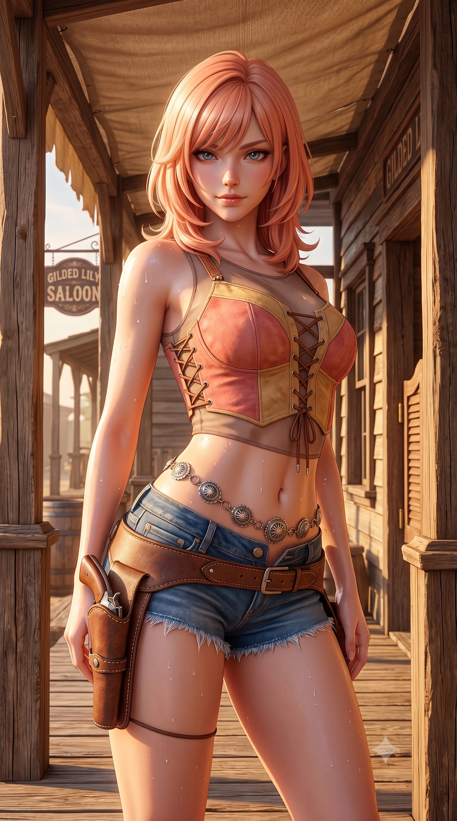 score_9, masterpiece, best quality, ultra-detailed, high-budget anime keyframe, semi-realistic 3D game render, editorial fashion photography, tasteful artistic composition, Japanese woman. close-up cowboy shot from the waist and thighs up, the character dominates the composition, filling the frame with her large presence. leaning forward while arching her lower back to accentuate her curvy hips, looking into the camera with an intoxicating smoldering gaze and bedroom-eyes while standing poised between the saloon porch timber pillars with hips cocked back, arching her spine with seductive gunslinger allure. The surrounding environment is rendered in vivid detail and crisp panoramic clarity: detailed denim cutoff fray, leather holster stitching, and historic frontier timber framing in high resolution. She has an exceptionally elegant, slender, and willowy female figure with an ultra-slim waist, flat toned midriff, narrow ribcage, and sculpted feminine hips creating an alluring, slim hourglass silhouette without bulk. sharp v-shaped jawline, high-bridge nose, sparkling eyes with hypnotic seductive depth, thick curled eyelashes, glossy parted lips with a natural dewy peach sheen, alluring bedroom-eyes with an enchanting coquettish smile, exuding magnetic siren charisma and sophisticated glamour, flawlessly proportioned anatomical accuracy, strict slender model proportions, natural body alignment, perfectly sculpted long slender limbs, ultra-slim waistline, clean dynamic posture without body distortion. wearing a plunging lace-up suede bustier top paired with ultra-short frayed denim cutoffs and a silver concho waist chain in sun-kissed coral pink and golden sand beige, made of semi-opaque stretch illusion mesh with soft shadowy contours, finished with glistening drops of seawater beading across her sculpted shoulders and flat midriff, the high-slit wrap tailoring accentuating her ultra-slim waistline and the enchanting curve of her feminine hips with alluring seductive charm. bathed in late afternoon golden sunlight filtering horizontally under the timber porch eaves. highly saturated vibrant anime colors, detailed shading with soft gradients, rich glossy textures, high-contrast stereoscopic depth, volumetric dynamic lighting, master piece, 9:16 ratio