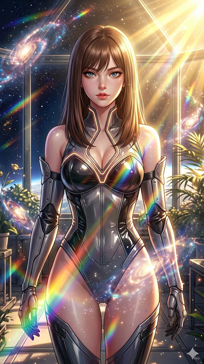 A cinematic camera pan of the character in a futuristic setting. Volumetric sunlight streams through the windows, creating dynamic rainbow lens flares and moving light beams. Cybernetic particles and soft cosmic dust float gently in the air. A subtle
