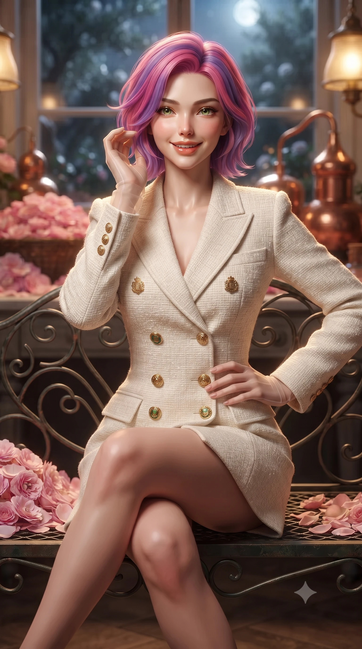 score_9, masterpiece, best quality, ultra-detailed, high-budget anime keyframe, editorial fashion photography, tasteful artistic composition, Caucasian woman. close-up cowboy shot from the waist and thighs up, the character dominates the composition, filling the frame with her large presence. twisting her slender torso in an alluring contrapposto stance, one hand resting on her sculpted hip while her fingers toy with her hair with effortless poise while sitting gracefully on the wrought-iron garden settee with legs crossed, flashing a radiant, playful smile with parted glossy lips. The background shows a soft-focus mounds of fresh pink centifolia rose petals, polished antique copper perfumery stills, and moonlit olive groves through glass blurred into blush pink, copper, and emerald bokeh. She has an exceptionally elegant, slender, and willowy female figure with an ultra-slim waist, flat toned midriff, narrow ribcage, and sculpted feminine hips creating an alluring, slim hourglass silhouette without bulk. sharp v-shaped jawline, high-bridge nose, intricate jewel-like sparkling eyes with depth, thick eyelashes, glossy parted lips with a natural peach sheen, bright cheerful beaming smile with an enchanting and coquettish sensual glint, exuding both youthful cute charm and seductive allure, flawlessly proportioned anatomical accuracy, strict slender model proportions, natural body alignment, perfectly sculpted long slender limbs, ultra-slim waistline, clean dynamic posture without body distortion. wearing a tailored ivory tweed double-breasted blazer dress with gold heraldic crest buttons in Tanjong Pagar Peranakan jade green and gilded vermilion, crafted from bespoke double-faced cashmere with an exceptionally soft tactile finish, complemented by sheer opera-length evening gloves tracing her slender arms, the bespoke structured tailoring following the natural line of her 8.5-heads silhouette with refined elegance. bathed in the warm golden 2500K glow of antique brass factory lamps mixed with silver moonlight through glass. ultra-reflective glossy finish, specular highlights, rich textural contrasts, high-contrast stereoscopic depth, volumetric dynamic lighting, 2k, ultra detail, master piece, 9:16 ratio