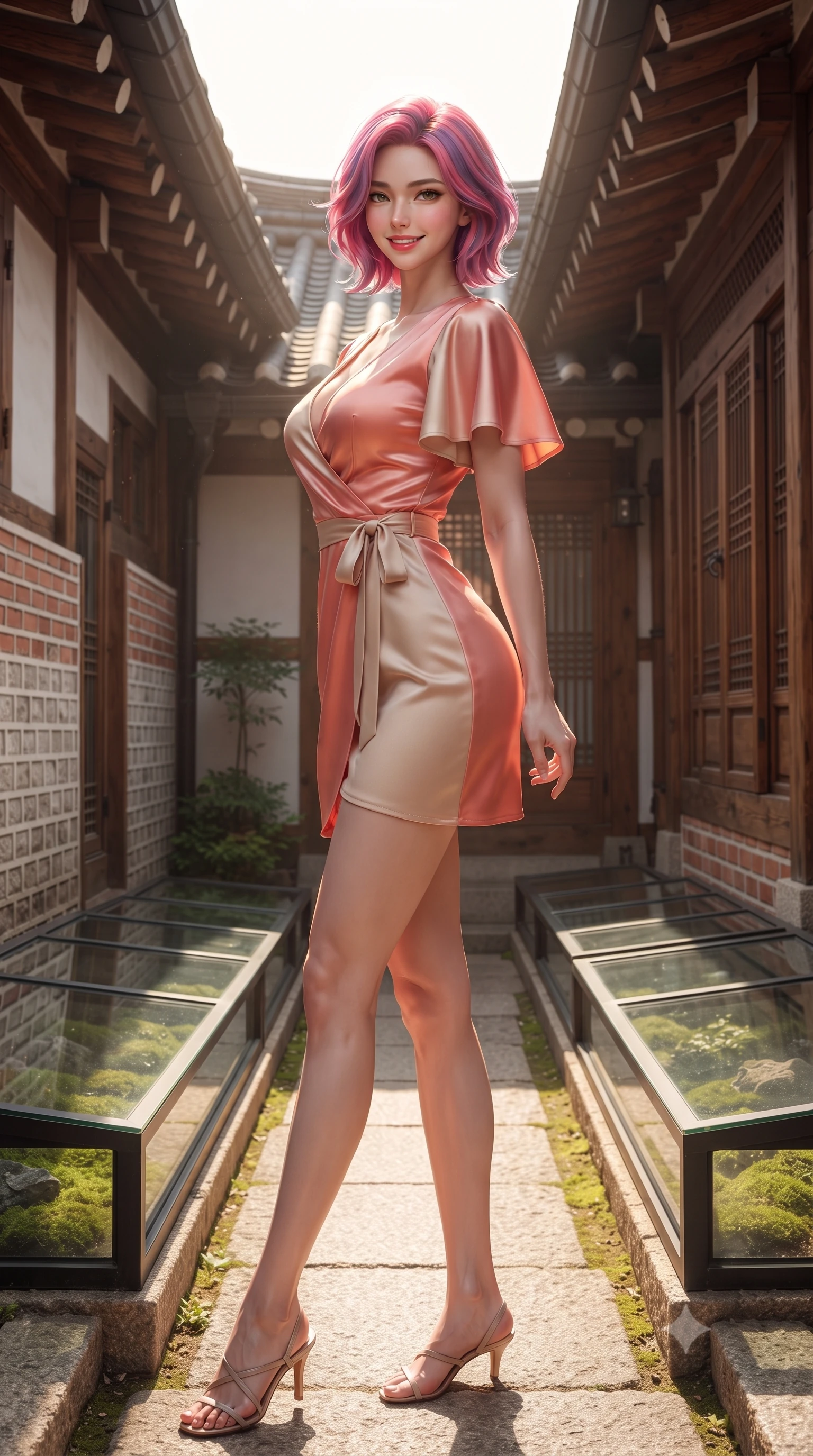 score_9, masterpiece, best quality, ultra-detailed, high-budget anime keyframe, editorial fashion photography, tasteful artistic composition, Caucasian woman. low angle full-body shot from head to toe showing her feet, filling the entire 9:16 vertical frame with her statuesque presence, stretching her vertical silhouette. posing with back turned slightly to the lens, glancing back with an enchanting, playful smile as she arches her lower back to emphasize her sculpted feminine hips and slender waist while standing poised beside a glass-covered moss courtyard garden, twisting her slender torso in an alluring contrapposto stance as morning sunlight filters through traditional roof tiles. The surrounding environment is rendered in vivid detail and crisp panoramic clarity. detailed knit fabric texture, soft sunlight glints on skin, and historic Ikseon-dong alley clarity in high resolution. She has an exceptionally tall and slender model-like 8.5-heads proportion, an ultra-slim waist, a flat toned midriff, narrow delicate ribcage, and beautifully sculpted feminine hips creating a graceful, slim hourglass silhouette without any bulky heaviness, with impossibly long slender legs. sharp v-shaped jawline, high-bridge nose, intricate jewel-like sparkling eyes with depth, thick eyelashes, glossy parted lips with a natural peach sheen, bright cheerful beaming smile with an enchanting and coquettish sensual glint, exuding both youthful cute charm and seductive allure, flawlessly proportioned anatomical accuracy, strict slender model proportions, natural body alignment, perfectly sculpted long slender limbs, ultra-slim waistline, clean dynamic posture without body distortion. wearing a breezy wrap mini dress with a deep V-neckline and tie-waist accentuating her sculpted flat midriff and hips in warm coral pink and soft oatmeal beige, made of smooth fluid silk satin with a delicate pearlescent sheen, featuring elegant flutter sleeves and a graceful square neckline, the form-fitting cut adhering flawlessly to her sculpted flat midriff and slender torso, emphasizing her long leg lines and perfectly proportioned willowy build. bathed in warm morning sunlight filtering through open glass courtyard roofs. ultra-reflective glossy finish, specular highlights, rich textural contrasts, high-contrast stereoscopic depth, volumetric dynamic lighting, 2k, ultra detail, master piece, 9:16 ratio