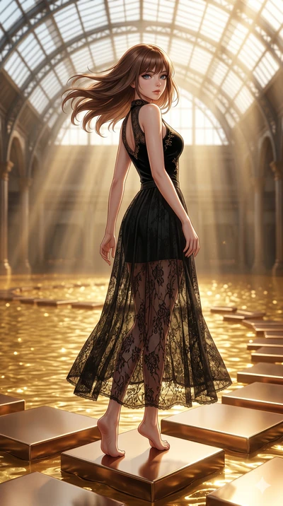 score_9, masterpiece, best quality, ultra-detailed, high-budget anime keyframe, editorial fashion photography, tasteful artistic composition, Caucasian woman, strictly human ears. low angle full-body shot from head to toe showing her feet, filling th