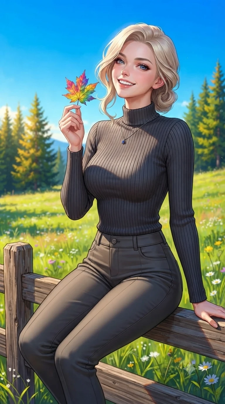 score_9, masterpiece, best quality, ultra-detailed, high-budget anime keyframe, editorial fashion photography, tasteful artistic composition, Caucasian woman. close-up cowboy shot from the waist and thighs up, the character dominates the composition, filling the frame with her large presence, background elements kept in soft focus. tilting her chin up with a composed yet magnetic gaze under long dark eyelashes set against a soft-focus background of on a wide grassy meadow high up on a mountain plateau under a blue sky holding a colorful maple leaf with a delighted, cheerful smile. She has an exceptionally elegant, slender, and willowy female figure with an ultra-slim waist, a gracefully sculpted slender torso, and a refined silhouette. sharp v-shaped jawline, high-bridge nose, intricate jewel-like eyes with depth, thick eyelashes, glossy lips with a natural sheen. wearing form-contouring body-hugging ribbed knit sweater in charcoal, paired with slim-fit trousers. bright morning alpine sun highlighting the green pine trees in vivid gold. highly saturated vibrant anime colors, detailed shading with soft gradients, rich glossy textures, high-contrast stereoscopic depth, volumetric dynamic lighting, master piece, 9:16 ratio