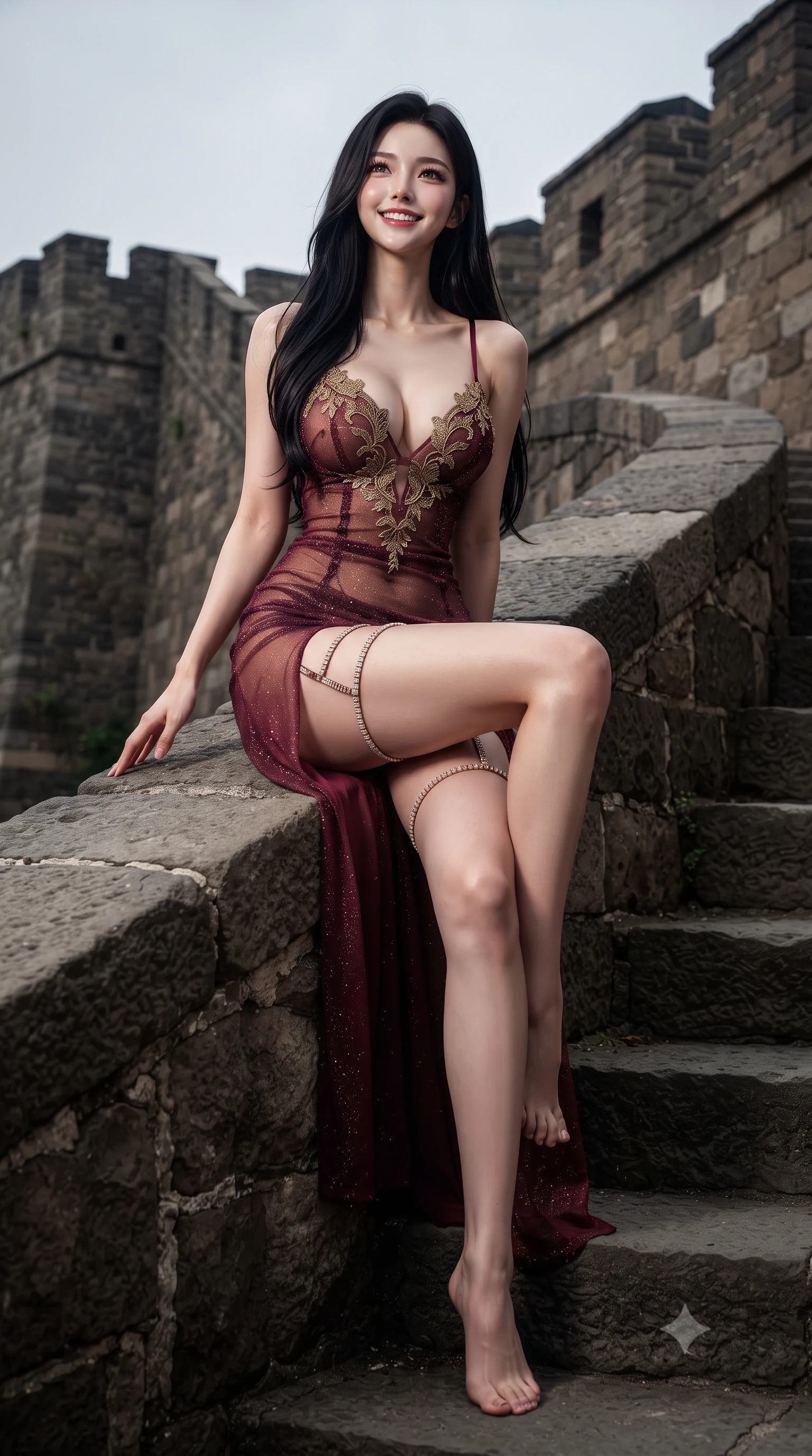 score_9, masterpiece, best quality, ultra-detailed, high-budget anime keyframe, editorial fashion photography, tasteful artistic composition, Korean woman. low angle full-body shot from head to toe showing her feet, filling the entire 9:16 vertical frame with her statuesque presence, stretching her vertical silhouette. sitting poised on the stone steps with one knee bent, arching her spine with supermodel elegance as she glances upward through thick eyelashes while sitting perched on the thick stone rampart with legs crossed, running one manicured hand slowly down her hip with magnetic high-fashion poise. The surrounding environment is rendered in vivid detail and crisp panoramic clarity: detailed provocative plunge-front sheer mesh caftan, delicate pearl beading, micro satin lingerie, and historic military stonework in razor-sharp precision. She has an exceptionally tall and slender model-like 8.5-heads proportion, an ultra-slim waist, a flat toned midriff, narrow delicate ribcage, and beautifully sculpted feminine hips creating a graceful, slim hourglass silhouette without any bulky heaviness, with impossibly long slender legs. sharp v-shaped jawline, high-bridge nose, intricate jewel-like sparkling eyes with depth, thick eyelashes, glossy parted lips with a natural peach sheen, bright cheerful beaming smile with an enchanting and coquettish sensual glint, exuding both youthful cute charm and seductive allure, flawlessly proportioned anatomical accuracy, strict slender model proportions, natural body alignment, perfectly sculpted long slender limbs, ultra-slim waistline, clean dynamic posture without body distortion. wearing a gossamer sheer mesh slip dress with delicate gold embroidery and hip-high double side slits in French boudoir bordeaux wine and antique brass, woven from stretch metallic lurex jersey casting radiant starlight glints across her curves, finished with delicate crystal-encrusted thigh garter straps glinting in the dim light, the second-skin tailored fabric adhering flawlessly to her sculpted flat midriff and slender torso, emphasizing her long leg lines and perfectly proportioned willowy build. illuminated by sea foam specular reflections and sharp flame-gold rim lights defining her razor-sharp jawline, narrow waist, and curvy hips. ultra-reflective glossy finish, specular highlights, rich textural contrasts, high-contrast stereoscopic depth, volumetric dynamic lighting, 2k, ultra detail, master piece, 9:16 ratio