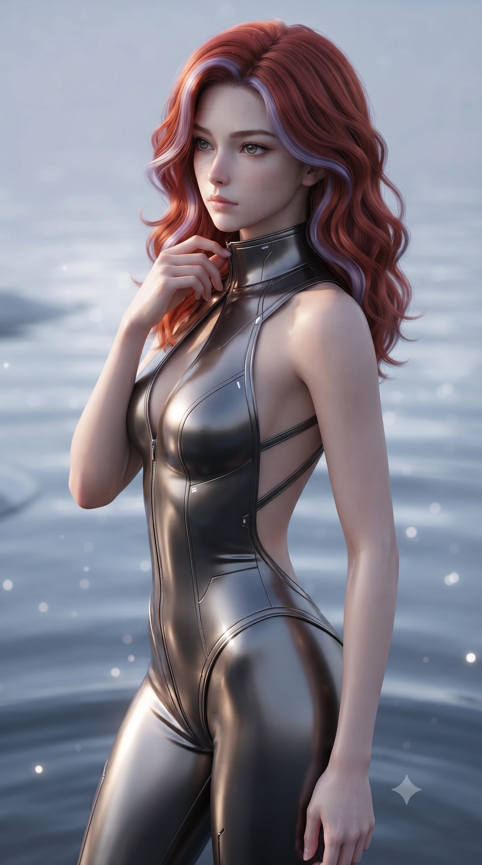 score_9, masterpiece, best quality, ultra-detailed, high-budget anime keyframe, editorial fashion photography, tasteful artistic composition, Caucasian woman. close-up cowboy shot from the waist and thighs up, the character dominates the composition, filling the frame with her large presence, background elements kept in soft focus. adjusting the high collar of her body-hugging suit, looking past the camera with quiet, sharp focus and a composed expression, the background shows a soft-focus a quiet sanctuary of stilled-water pools where ripples never disappear. She has an exceptionally elegant, slender, and willowy female figure with an ultra-slim waist, a gracefully sculpted slender torso, and a refined silhouette. sharp v-shaped jawline, high-bridge nose, intricate jewel-like eyes with depth, thick eyelashes, glossy lips with a natural sheen. wearing a slim-fit low-cut cybernetic bodysuit with open-back design and thin structural straps crossing her bare shoulder blades. soft starlight reflecting on the perfectly frozen water surface. ultra-reflective glossy finish, specular highlights, metallic sheen, high-contrast stereoscopic depth, volumetric dynamic lighting, 2k, ultra detail, master piece, 9:16 ratio