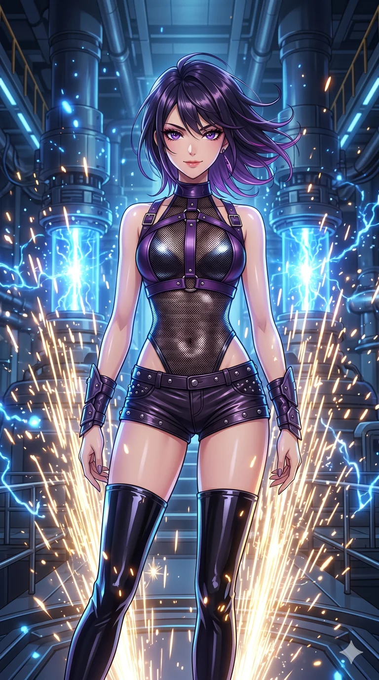 score_9, masterpiece, best quality, ultra-detailed, High-budget Anime Keyframe, beautiful Japanese anime girl. Upper body close-up from the thighs up, character filling the screen for maximum presence. Standing in a fountain of sparks inside a high-tech engine room with blue energy cores. She has an absolutely perfect 8-heads proportion, an exceptionally tall and slender female figure with impossibly long slender legs and an ultra-slim waist. Sharp v-shaped jawline, high-bridge nose, intricate jewel-like eyes with depth, thick eyelashes, glossy lips with a natural sheen. Wearing a K-Idol Stage outfit: amethyst leather harness over mesh, high-cut bodysuit, studded micro-shorts, thigh-high patent boots. Background is a bright and colorful environment with cinematic lighting, dynamic particle effects, and high-contrast shadows. 2k, ultra detail, master piece, 9:16 ratio