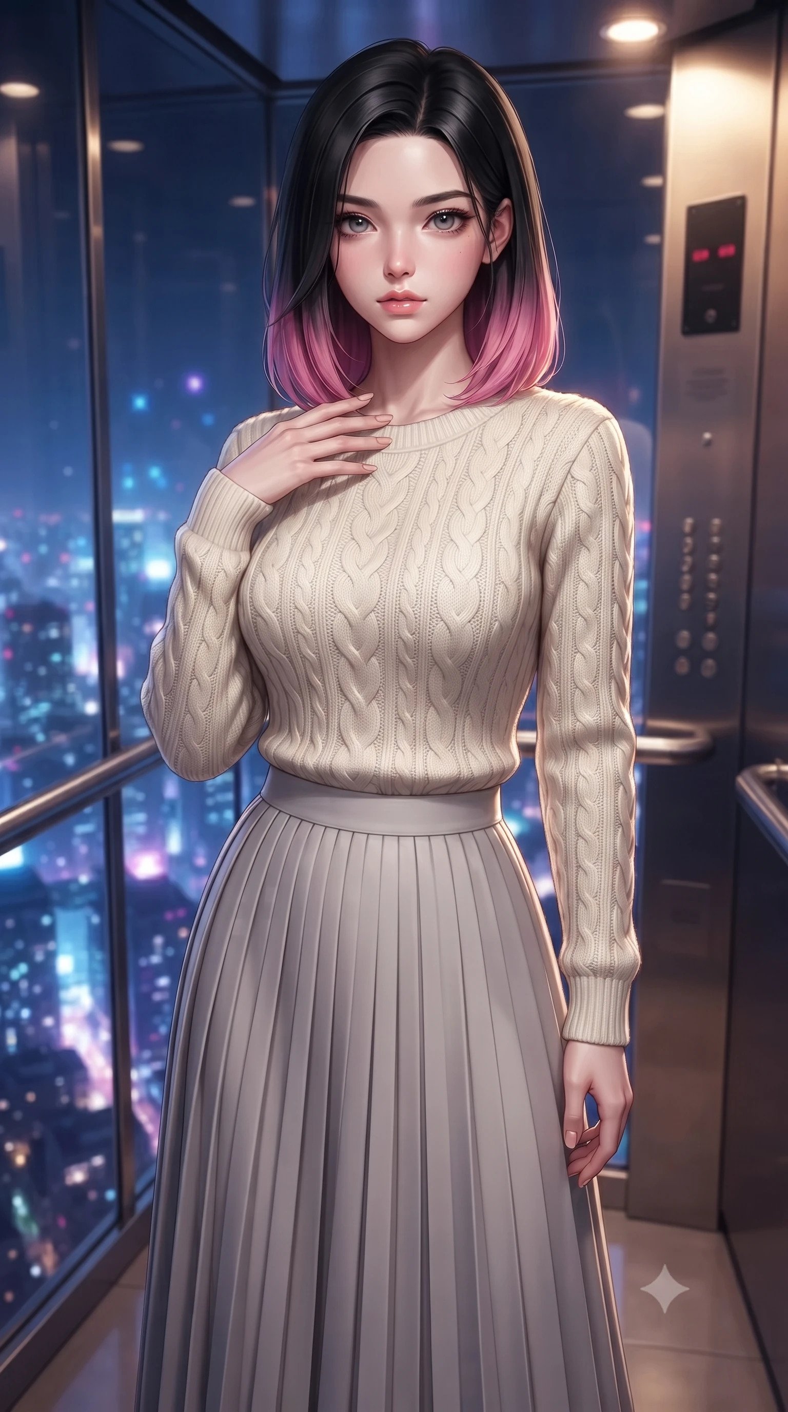 score_9, masterpiece, best quality, ultra-detailed, high-budget anime keyframe, editorial fashion photography, tasteful artistic composition, Korean woman. close-up cowboy shot from the waist and thighs up, the character dominates the composition, filling the frame with her large presence, background elements kept in soft focus. standing with one hand resting on her collarbone, looking at the viewer with bedroom-eyes the background shows a soft-focus a high-rise vehicle elevator with glass walls showing the city lights below. She has an exceptionally elegant, slender, and willowy female figure with an ultra-slim waist, a gracefully sculpted slender torso, and a refined silhouette. sharp v-shaped jawline, high-bridge nose, intricate jewel-like eyes with depth, thick eyelashes, glossy lips with a natural sheen. wearing a body-hugging cozy cable-knit sweater in ivory, paired with a pleated light grey midi skirt. glittering blue and violet city skyline lights contrasting with warm elevator lights. ultra-reflective glossy finish, specular highlights, metallic sheen, high-contrast stereoscopic depth, volumetric dynamic lighting, 2k, ultra detail, master piece, 9:16 ratio