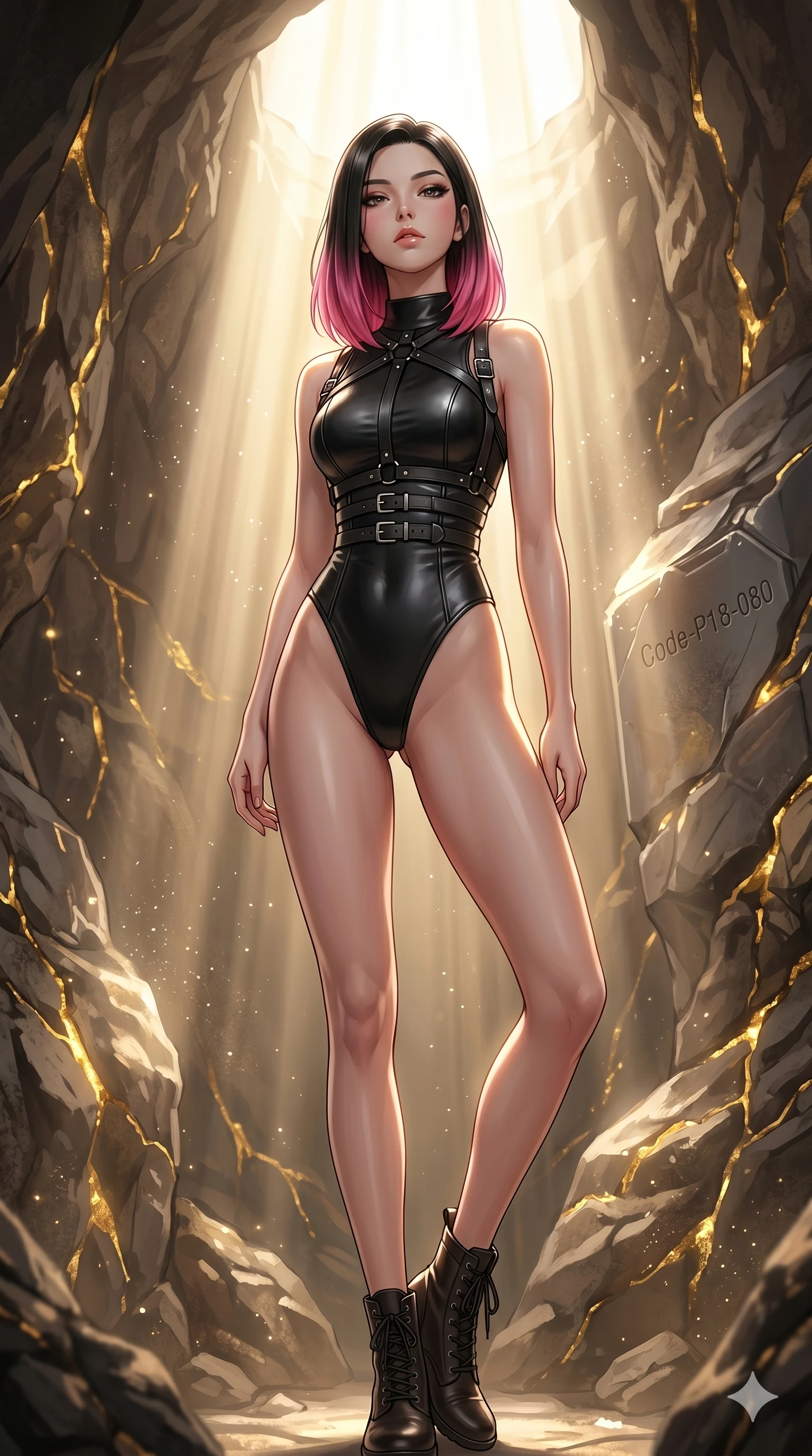 score_9, masterpiece, best quality, ultra-detailed, high-budget anime keyframe, editorial fashion photography, tasteful artistic composition, Korean woman. cowboy shot from the thighs up, character and outfit filling the frame for maximum editorial presence. tilting her head back slightly with a confident and powerful expression in a secret cavern filled with glowing golden mineral veins and dust (Code-P18-080). She has an absolutely perfect 8-heads proportion, an exceptionally tall and slender female figure with impossibly long slender legs and an ultra-slim waist. V-shaped jawline, high-bridge nose, intricate jewel-like eyes with depth, thick eyelashes, glossy lips with a natural sheen. wearing a sleek leather bodysuit with high-cut leg lines and an elegant harness. drenched in soft morning sunbeams flowing from a high window, creating a serene mood. 2k, ultra detail, master piece, 9:16 ratio