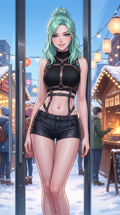 score_9, masterpiece, best quality, ultra-detailed, high-budget anime keyframe, vibrant anime aesthetic, Japanese woman. cowboy shot from the thighs up, character and outfit filling the frame for maximum presence. She is leaning against a glass door,