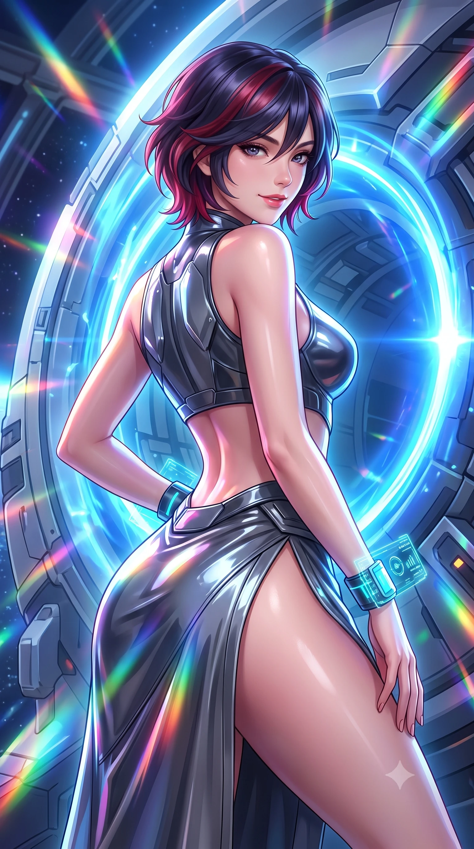 score_9, masterpiece, best quality, ultra-detailed, high-budget anime keyframe, semi-realistic 3D game render, editorial fashion photography, tasteful artistic composition, Korean woman. close-up cowboy shot from the waist and thighs up, the character dominates the composition, filling the frame with her large presence. leaning back against the glowing maintenance bulkhead with relaxed seductive grace, her flat midriff and narrow waist highlighted as laser ambient light traces her curves while leaning against the massive magnetic acceleration rail with hips cocked back, looking over a bare shoulder with an intoxicating, fearless smile. The surrounding environment is rendered in vivid detail and crisp panoramic clarity: detailed combat suit sheen, cosmic chromatic reflections on armor, and monumental space station engineering in high clarity. She has an exceptionally elegant, slender, and willowy female figure with an ultra-slim waist, flat toned midriff, narrow ribcage, and sculpted feminine hips creating an alluring, slim hourglass silhouette without bulk. sharp v-shaped jawline, high-bridge nose, intricate jewel-like sparkling eyes with depth, thick eyelashes, glossy parted lips with a natural sheen, bright confident smile with an enchanting and coquettish sensual glint, exuding both youthful magnetic charm and sovereign high-tech allure, flawlessly proportioned anatomical accuracy, strict slender model proportions, natural body alignment, perfectly sculpted long slender limbs, ultra-slim waistline, clean dynamic posture without body distortion. wearing a cyber-samurai tactical suit featuring a shortened carbon chestplate and high-slit armored wrap skirt in reflective liquid mercury and matte phantom grey, tailored from ultra-reflective glossy liquid vinyl with mirror-like specular highlights, featuring sleek glowing cyan HUD display wrist cuffs with floating data telemetry, the precision-cut side openings and low-back scoop framing her graceful spine and the sensual sweep of her slim, toned hips. bathed in radiant chromatic prism light and intense electric blue warp ring flashes. highly saturated vibrant anime colors, detailed shading with soft gradients, rich glossy textures, high-contrast stereoscopic depth, volumetric dynamic lighting, master piece, 9:16 ratio