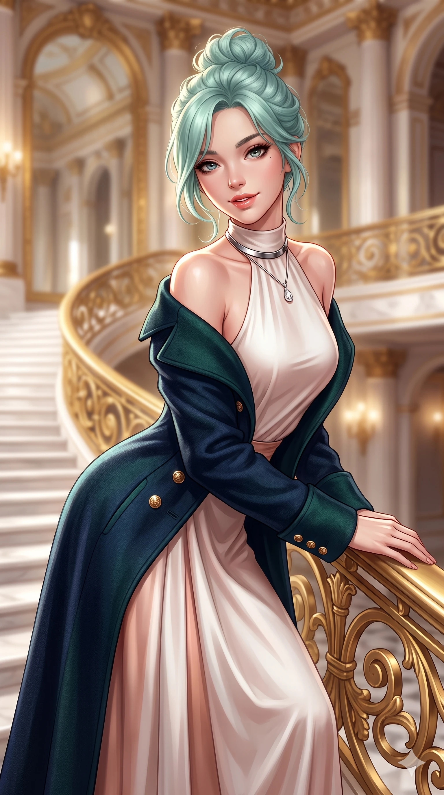 score_9, masterpiece, best quality, ultra-detailed, high-budget anime keyframe, semi-realistic 3D game render, editorial fashion photography, tasteful artistic composition, Japanese woman. close-up cowboy shot from the waist and thighs up, the character dominates the composition, filling the frame with her large presence. leaning forward while arching her lower back to accentuate her curvy hips, looking into the camera with an intoxicating smoldering gaze and bedroom-eyes while twisting her slender torso in an alluring S-curve while holding the gilded filigree banister, flashing an intoxicating smile with parted glossy lips. The background shows a soft-focus sweeping curved white marble stairs, monumental gilded bronze banister scrollwork, and towering arched palace mirrors blurred into alabaster, gold, and champagne bokeh. She has an exceptionally elegant, slender, and willowy female figure with an ultra-slim waist, flat toned midriff, narrow ribcage, and sculpted feminine hips creating an alluring, slim hourglass silhouette without bulk. sharp v-shaped jawline, high-bridge nose, intricate jewel-like sparkling eyes with depth, thick eyelashes, glossy parted lips with a natural sheen, intensely captivating and seductive bedroom-eyes expression, exuding both youthful cute charm and sovereign luxury allure, flawlessly proportioned anatomical accuracy, strict slender model proportions, natural body alignment, perfectly sculpted long slender limbs, ultra-slim waistline, clean dynamic posture without body distortion. wearing a structured Belle Époque cashmere opera greatcoat with polished brass crest buttons layered over a high-neck slip in celestial porcelain white and rose-gold, tailored from heavy double-faced silk georgette with an exceptionally fluid drape, finished with a minimalist chrome choker and a single teardrop diamond pendant, the impeccably tailored cut draping gracefully along her slender figure with aristocratic poise. illuminated by white marble floor bounce and sharp diamond-gold rim lights carving her sculpted collarbones, ultra-slim waist, and curvy hips. highly saturated vibrant anime colors, detailed shading with soft gradients, rich glossy textures, high-contrast stereoscopic depth, volumetric dynamic lighting, master piece, 9:16 ratio