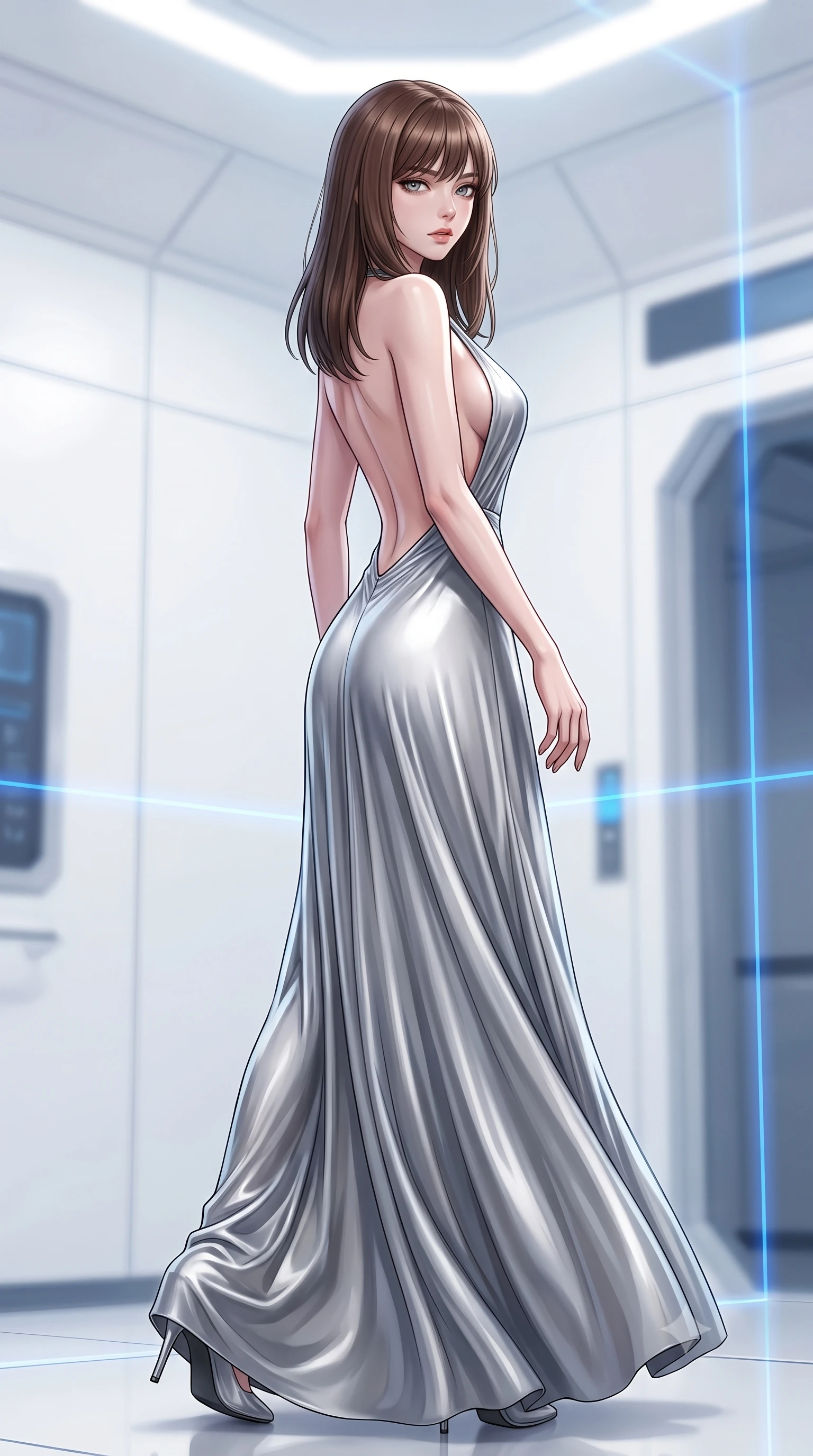 score_9, masterpiece, best quality, ultra-detailed, high-budget anime keyframe, editorial fashion photography, tasteful artistic composition, Korean woman woman. low angle full-body shot from head to toe showing her feet, filling the entire 9:16 vertical frame with her statuesque presence, stretching her vertical silhouette. She has an absolutely perfect, statuesque 8.5-heads proportion, an exceptionally tall and slender model-like female figure with impossibly long slender legs and an ultra-slim waist. turning fluidly while glancing back over her shoulder with magnetic intensity and statuesque grace, flawlessly proportioned anatomical accuracy, natural body alignment, perfectly sculpted elegant limbs, clean dynamic posture without body distortion. set against a soft-focus background of a high-tech cleanroom with white composite walls and laser grids. wearing a deep plunging V-neck maxi dress in liquid silver jersey with a daring open-back. bathed in crisp high-key white ambient light with focused blue laser gridlines. highly saturated vibrant anime colors, detailed shading with soft gradients, rich glossy textures, high-contrast stereoscopic depth, volumetric dynamic lighting, master piece, 9:16 ratio