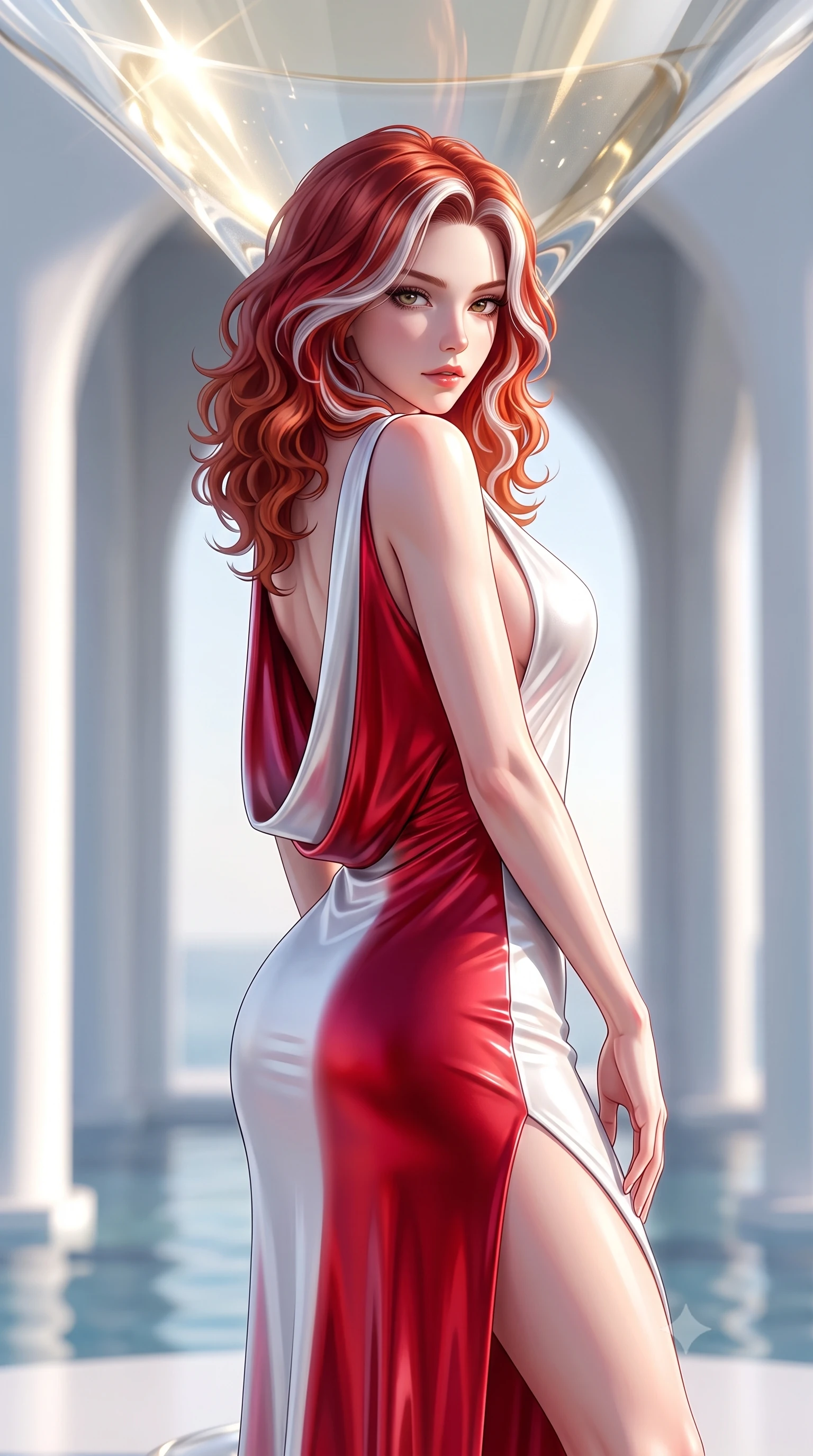 score_9, masterpiece, best quality, ultra-detailed, high-budget anime keyframe, semi-realistic 3D game render, editorial fashion photography, tasteful artistic composition, Caucasian woman. close-up cowboy shot from the waist and thighs up, the character dominates the composition, filling the frame with her large presence. gazing directly into the lens with bedroom eyes and a breathtaking, dangerous allure that commands the entire composition while arching her spine in a fluid motion beneath a soaring champagne glass canopy in radiant morning light. The composition keeps background elements in soft focus with creamy bokeh. modern water pavilion arches and white minimalist columns softened by shallow depth of field. She has an exceptionally elegant, slender, and willowy female figure with an ultra-slim waist, a gracefully sculpted slender torso, toned flat midriff, and a refined slim silhouette. sharp v-shaped jawline, high-bridge nose, intricate jewel-like eyes with depth, thick eyelashes, glossy lips with a natural sheen, flawlessly proportioned anatomical accuracy, strict slender model proportions, natural body alignment, perfectly sculpted long slender limbs, ultra-slim waistline, clean dynamic posture without body distortion. wearing a precision-fitted liquid jersey bodycon dress with a dramatic draped cowl back that swoops down to her waist and a high side slit in radiant crimson silk and crisp snow white, made of liquid metal jersey that clings flawlessly to every contour of her build, finished with an ultra-high side slit secured by miniature magnetic clasps, the glove-like aerodynamic second-skin fit tightly clinging to her ultra-slender waist and athletic curves without adding bulk, accentuating her razor-sharp statuesque lines and slim hourglass silhouette. illuminated by clear directional key light with brilliant specular highlights on glass and water. highly saturated vibrant anime colors, detailed shading with soft gradients, rich glossy textures, high-contrast stereoscopic depth, volumetric dynamic lighting, master piece, 9:16 ratio