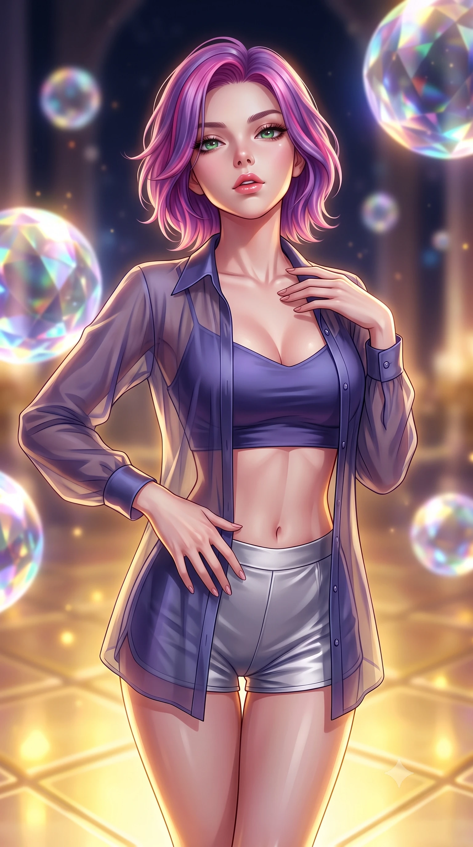 score_9, masterpiece, best quality, ultra-detailed, high-budget anime keyframe, editorial fashion photography, tasteful artistic composition, Caucasian woman. close-up cowboy shot from the waist and thighs up, the character dominates the composition, filling the frame with her large presence, background elements kept in soft focus. tilting her chin up slightly with lips parted in a composed, provocative expression the background shows a soft-focus a starlight sanctuary with glowing golden floor tiles and floating crystal spheres. She has an exceptionally elegant, slender, and willowy female figure with an ultra-slim waist, a gracefully sculpted slender torso, and a refined silhouette. sharp v-shaped jawline, high-bridge nose, intricate jewel-like eyes with depth, thick eyelashes, glossy lips with a natural sheen. wearing a tailored lightweight chiffon cover-up shirt worn open over a crop top and high-cut shorts. warm golden uplighting highlighting her slender silhouette. highly saturated vibrant anime colors, detailed shading with soft gradients, rich glossy textures, high-contrast stereoscopic depth, volumetric dynamic lighting, master piece, 9:16 ratio