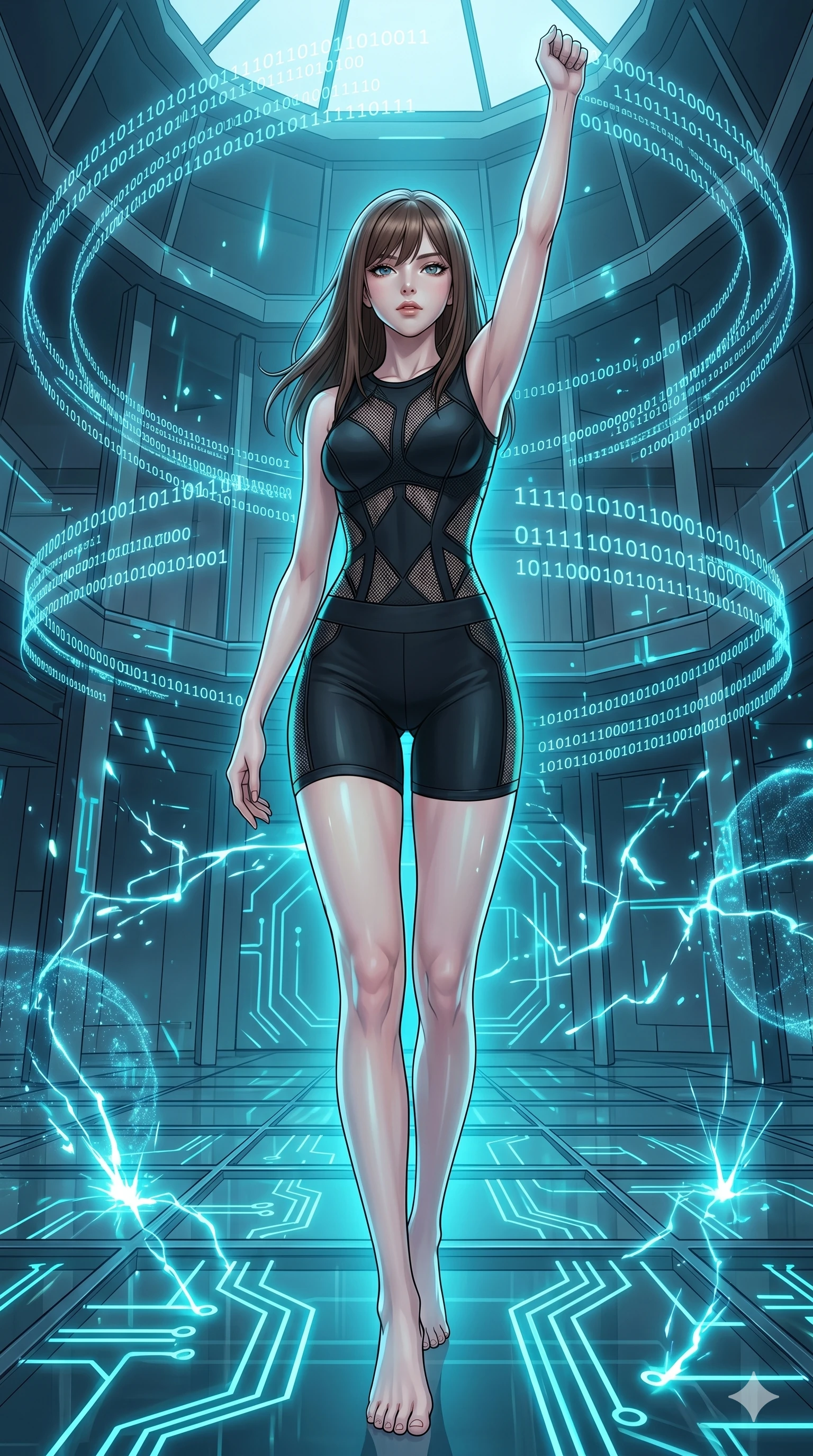 score_9, masterpiece, best quality, ultra-detailed, high-budget anime keyframe, editorial fashion photography, tasteful artistic composition, Korean woman. low angle full-body shot from head to toe showing her feet, filling the entire 9:16 vertical frame with her statuesque presence, stretching her vertical silhouette. Gliding forward with one arm sweeping upward toward the sky in a gesture of pure triumph within a quantum communications hub where light streams of binary data orbit in spirals. She has an absolutely perfect 8-heads proportion, an exceptionally tall and slender female figure with impossibly long slender legs and an ultra-slim waist. V-shaped jawline, high-bridge nose, intricate jewel-like eyes with depth, thick eyelashes, glossy lips with a natural sheen. wearing a precision-fitted performance top with geometric mesh paneling, worn with high-waist compression shorts. lit by electric cyan sparks and glowing circuit paths from the floor, casting sharp under-lighting. 2k, ultra detail, master piece, 9:16 ratio