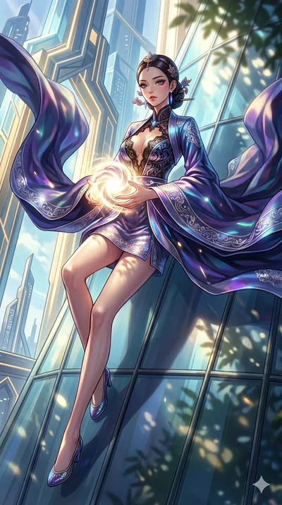 score_9, masterpiece, best quality, ultra-detailed, Set A: High-budget Anime Keyframe, Korean woman. Low angle cowboy shot filling the entire 9:16 frame with her statuesque presence. Theme: Abstract Cosmic. sliding down a glass skyscraper in a temple