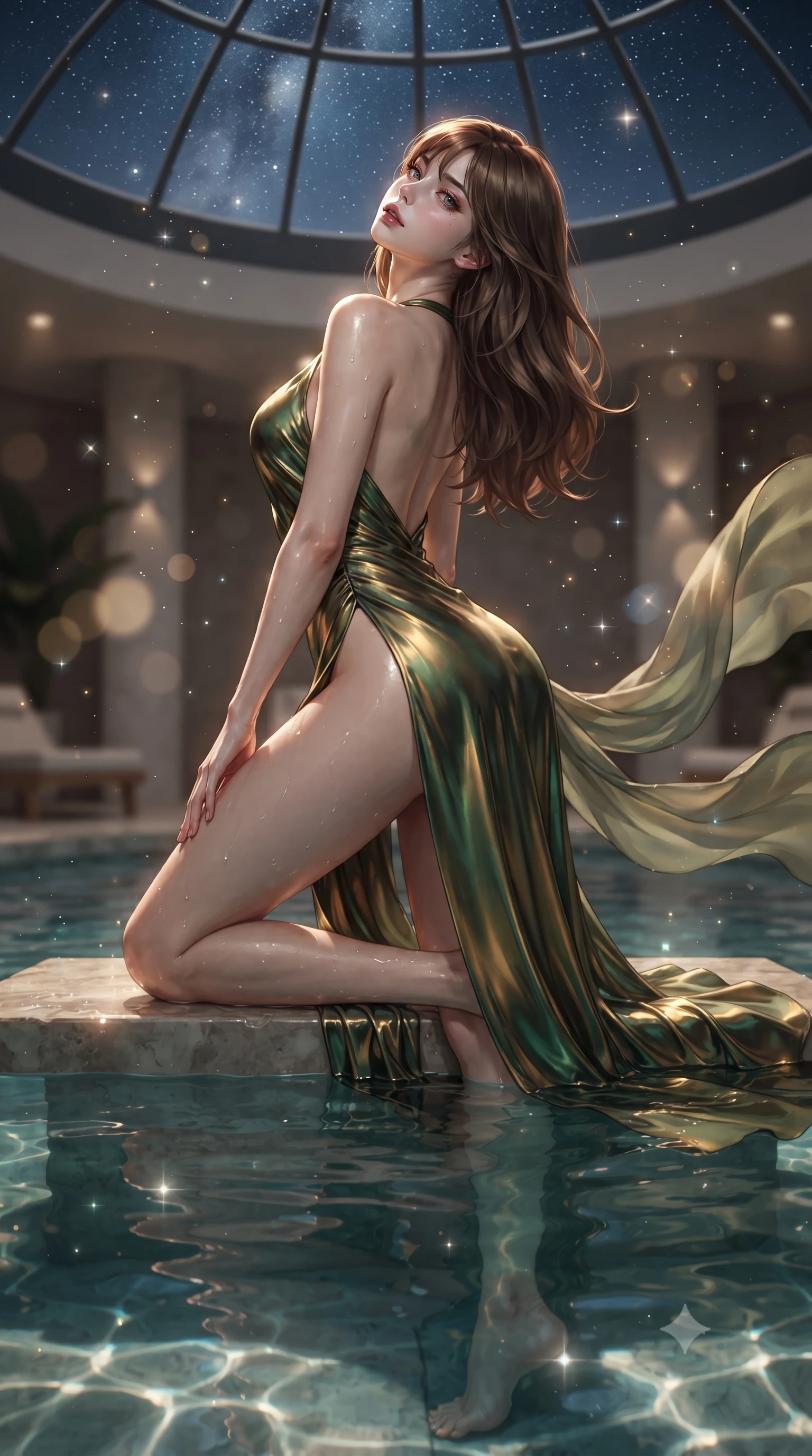 score_9, masterpiece, best quality, ultra-detailed, high-budget anime keyframe, editorial fashion photography, tasteful artistic composition, Korean woman. low angle full-body shot from head to toe showing her feet, filling the entire 9:16 vertical frame with her statuesque presence, stretching her vertical silhouette. posing with back turned slightly to the lens, glancing back with smoldering allure as she arches her lower back to emphasize her sculpted feminine hips and slender waist while resting on a submerged stone bench as warm water laps at her waist, head tilted back toward the starry glass dome with parted lips. The composition keeps background elements in soft focus with creamy bokeh. shimmering pool caustics and floating pollen motes scattering ethereal luminescent sparkles. She has an absolutely perfect, statuesque 8.5-heads proportion, an exceptionally tall and slender model-like female figure with impossibly long slender legs, a toned flat midriff, an ultra-slim waist, and beautifully sculpted feminine hips. sharp v-shaped jawline, high-bridge nose, intricate jewel-like eyes with depth, thick eyelashes, glossy parted lips with a natural sheen, intensely captivating and seductive bedroom-eyes expression, flawlessly proportioned anatomical accuracy, strict slender model proportions, natural body alignment, perfectly sculpted long slender limbs, ultra-slim waistline, clean dynamic posture without body distortion. wearing a liquid metallic olive gown with open side slits ascending to the high hip in deep emerald green and polished brass gold, woven from fine organic mulberry silk with metallic gold thread, finished with breezy sheer chiffon train panels floating in the warm breeze, the form-contouring material adhering flawlessly to her sculpted flat midriff and slender torso, emphasizing her long leg lines and perfectly proportioned willowy build. surrounded by an otherworldly, sensual, and exquisitely pure water-lily nymph aura. ultra-reflective glossy finish, specular highlights, rich textural contrasts, high-contrast stereoscopic depth, volumetric dynamic lighting, 2k, ultra detail, master piece, 9:16 ratio