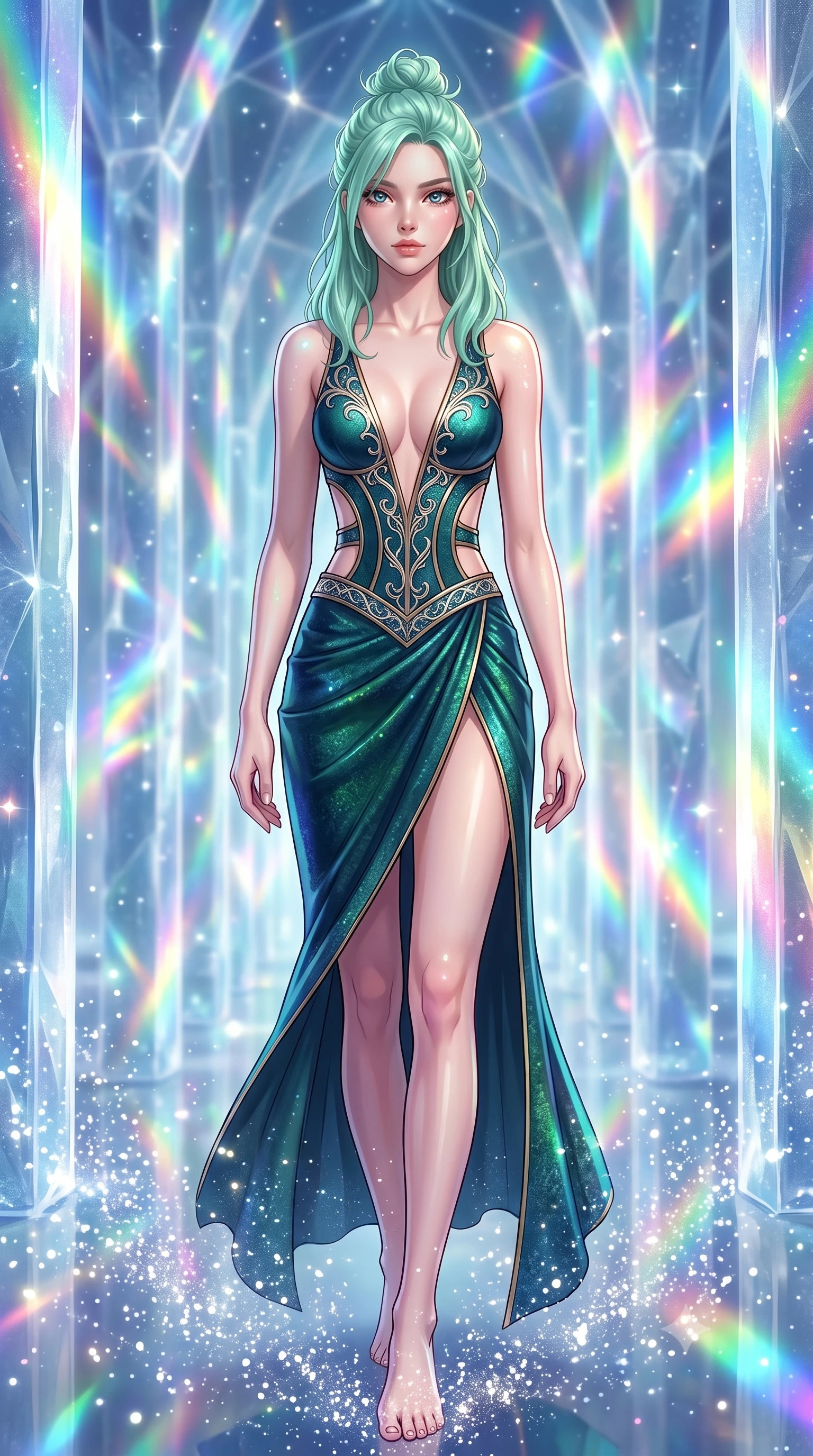 score_9, masterpiece, best quality, ultra-detailed, high-budget anime keyframe, editorial fashion photography, tasteful artistic composition, Japanese woman. low angle full-body shot from head to toe showing her feet, filling the entire 9:16 vertical frame with her statuesque presence, stretching her vertical silhouette. stepping gracefully through floating stardust particles, her body-contouring suit showing her athletic, slender silhouette, the background shows a soft-focus an ice column corridor reflecting starlight like a giant mirror maze. She has an absolutely perfect, statuesque 8.5-heads proportion, an exceptionally tall and slender model-like female figure with impossibly long slender legs and an ultra-slim waist. sharp v-shaped jawline, high-bridge nose, intricate jewel-like eyes with depth, thick eyelashes, glossy lips with a natural sheen. wearing a body-hugging deep plunging-V neck bodycon armor top, featuring keyhole cutouts along the ribs and a thigh-slit wrap skirt. dazzling rainbow prismatic light refracting through ice crystal pillars. highly saturated vibrant anime colors, detailed shading with soft gradients, rich glossy textures, high-contrast stereoscopic depth, volumetric dynamic lighting, master piece, 9:16 ratio
