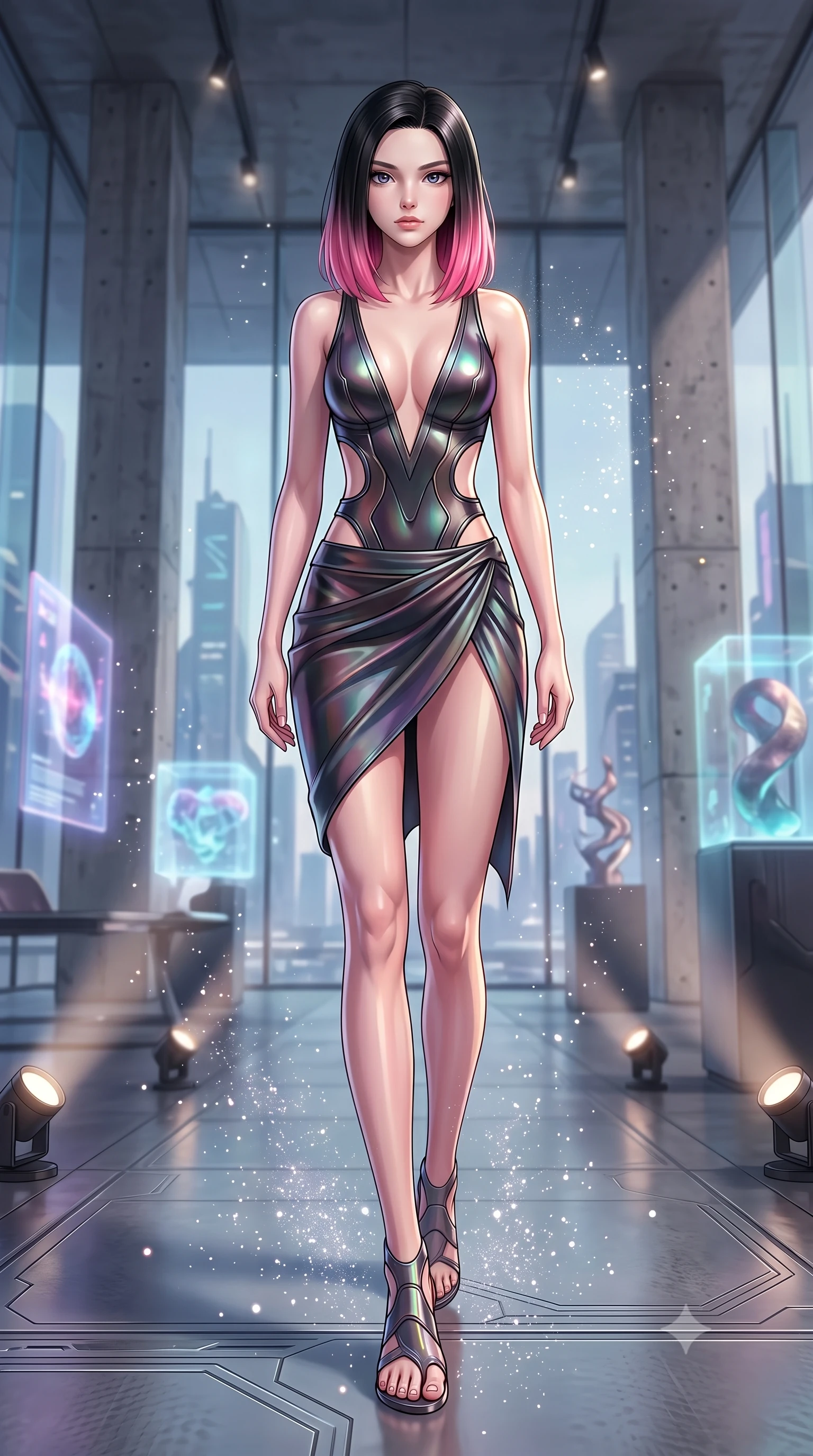 score_9, masterpiece, best quality, ultra-detailed, high-budget anime keyframe, editorial fashion photography, tasteful artistic composition, Korean woman. low angle full-body shot from head to toe showing her feet, filling the entire 9:16 vertical frame with her statuesque presence, stretching her vertical silhouette. stepping gracefully through floating stardust particles, her body-contouring suit showing her athletic, slender silhouette, the background shows a soft-focus a solarium art gallery lounge with concrete pillars and holographic art. She has an absolutely perfect, statuesque 8.5-heads proportion, an exceptionally tall and slender model-like female figure with impossibly long slender legs and an ultra-slim waist. sharp v-shaped jawline, high-bridge nose, intricate jewel-like eyes with depth, thick eyelashes, glossy lips with a natural sheen. wearing a body-hugging deep plunging-V neck bodycon armor top, featuring keyhole cutouts along the ribs and a thigh-slit wrap skirt. focused spotlights casting sharp, detailed highlights on her clothing. highly saturated vibrant anime colors, detailed shading with soft gradients, rich glossy textures, high-contrast stereoscopic depth, volumetric dynamic lighting, master piece, 9:16 ratio