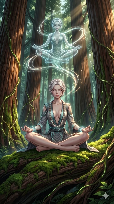 score_9, masterpiece, best quality, ultra-detailed, Set A: High-budget Anime Keyframe, Caucasian (human ears) woman. Low angle cowboy shot filling the entire 9:16 frame with her statuesque presence. Theme: Primal Nature. meditating in a giant redwood