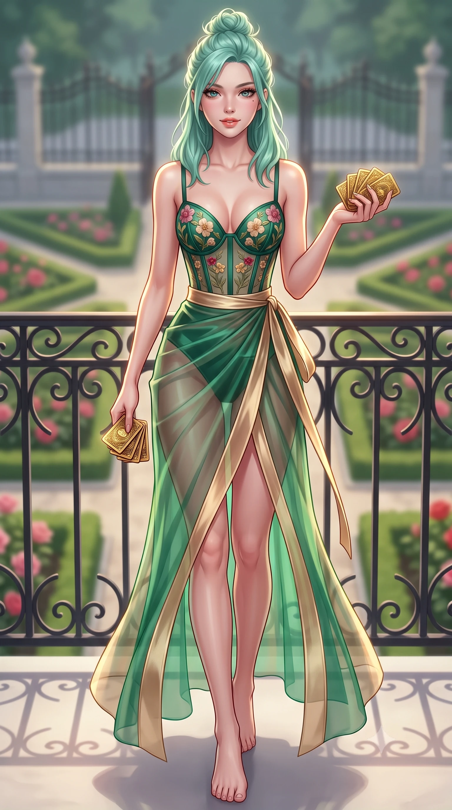 score_9, masterpiece, best quality, ultra-detailed, high-budget anime keyframe, semi-realistic 3D game render, editorial fashion photography, tasteful artistic composition, Japanese woman. low angle full-body shot from head to toe showing her feet, filling the entire 9:16 vertical frame with her statuesque presence, stretching her vertical silhouette. stepping slowly toward the camera with hypnotic grace, hips swaying in an alluring sensual rhythm that accentuates her curvy hourglass silhouette and long slender legs while standing at the ornate wrought-iron balcony railing overlooking geometric rose gardens, arching her back with supreme high-society glamour. The background shows a soft-focus wrought-iron balcony balustrades softened in romantic aristocratic estate shallow focus. She has an absolutely perfect, statuesque 8.5-heads proportion, an exceptionally tall and slender model-like female figure with impossibly long slender legs, an ultra-slim waist, a flat toned midriff, narrow delicate ribcage, and beautifully sculpted feminine hips creating a graceful, slim hourglass silhouette without any bulky heaviness. sharp v-shaped jawline, high-bridge nose, sparkling eyes with hypnotic seductive depth, thick curled eyelashes, glossy parted lips with a natural dewy peach sheen, alluring bedroom-eyes with an enchanting coquettish smile, exuding magnetic siren charisma and sophisticated glamour, flawlessly proportioned anatomical accuracy, strict slender model proportions, natural body alignment, perfectly sculpted long slender limbs, ultra-slim waistline, clean dynamic posture without body distortion. wearing a plunging sweetheart-neckline boned corset top with pressed flower embroidery paired with a sheer organza wrap skirt in casino emerald green and metallic champagne gold with ruby glints, made of sheer gossamer chiffon that drapes softly against skin with airy translucence, accented with a stack of engraved gold casino plaques held loosely in one hand, the glove-like clinging cut tightly following the natural contour of her hips and long slender legs with youthful 8.5-heads elegance. illuminated by glass door reflections and sharp warm-gold rim lights sculpting her delicate clavicles, ultra-slim waist, and curvy hips. highly saturated vibrant anime colors, detailed shading with soft gradients, rich glossy textures, high-contrast stereoscopic depth, volumetric dynamic lighting, master piece, 9:16 ratio