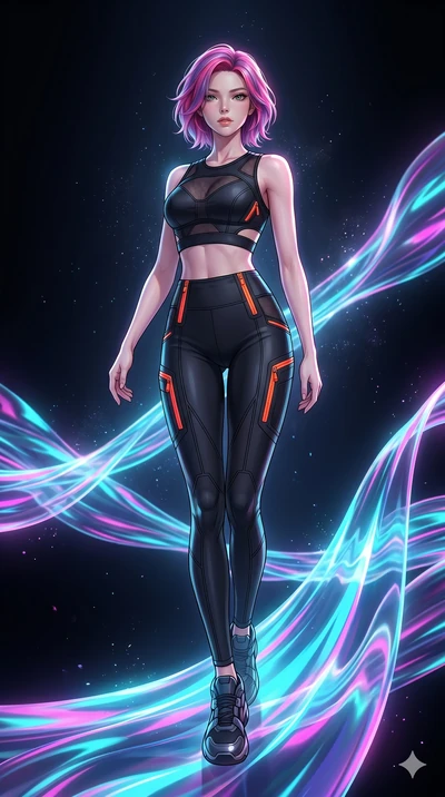 score_9, masterpiece, best quality, ultra-detailed, high-budget anime keyframe, Korean woman. low angle full-body shot filling the entire 9:16 frame with her statuesque presence, stretching the vertical silhouette. stepping on holographic fluid ribbo