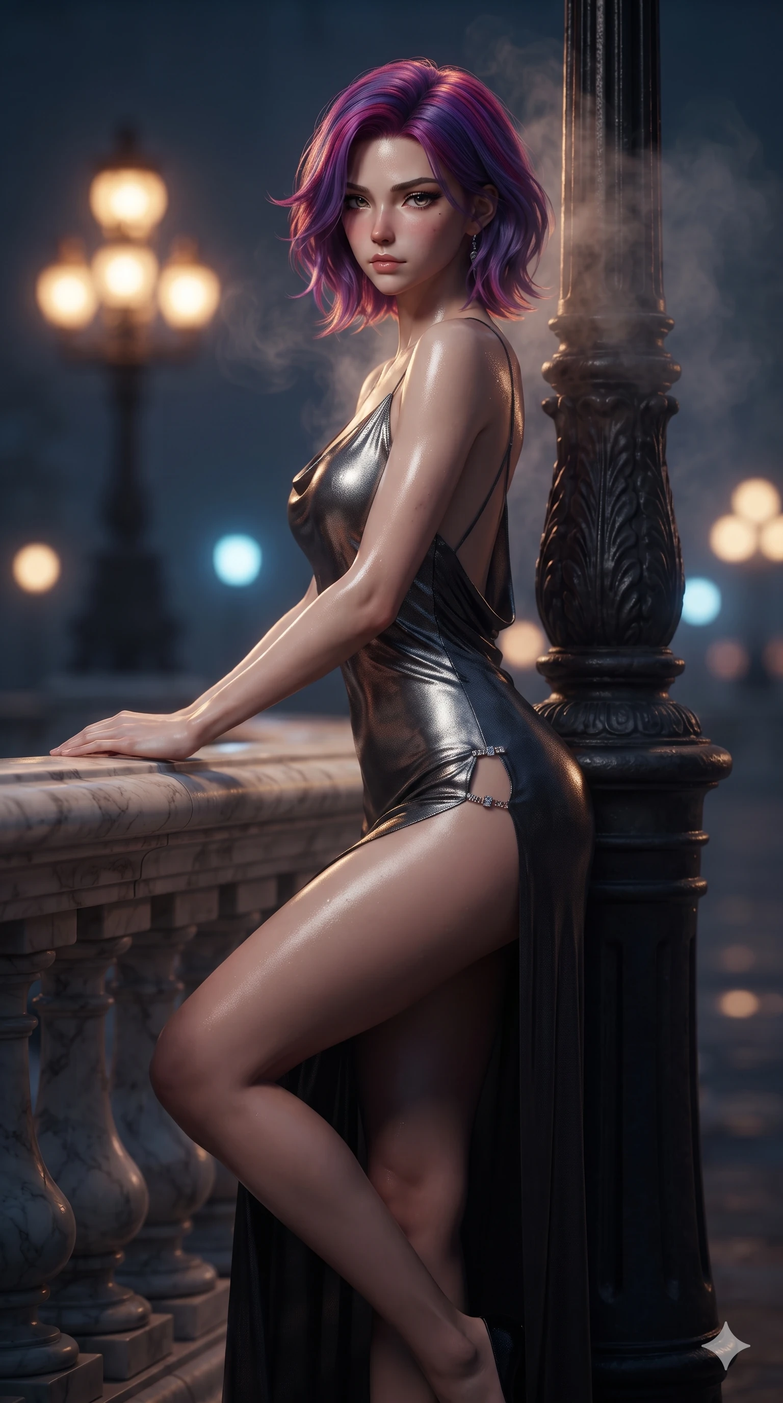 score_9, masterpiece, best quality, ultra-detailed, high-budget anime keyframe, editorial fashion photography, tasteful artistic composition, Caucasian woman. close-up cowboy shot from the waist and thighs up, the character dominates the composition, filling the frame with her large presence. resting one elbow on the marble balustrade while arching her spine with dancer poise, her dark bedroom-eyes casting a magnetic sidelong glance while leaning against the historic cast-iron lamppost with one knee bent, night mist drifting through her hair as her dark outfit traces her feminine curves. The background shows a soft-focus distant glowing Victorian streetlamps blurred into amber, cobalt, and slate bokeh. She has an exceptionally elegant, slender, and willowy female figure with an ultra-slim waist, flat toned midriff, narrow ribcage, and sculpted feminine hips creating an alluring, slim hourglass silhouette without bulk. sharp v-shaped jawline, high-bridge nose, intricate jewel-like dark sparkling eyes with dangerous depth, thick curled eyelashes, glossy parted lips with a rich wine sheen, smoldering seductive half-smile with bedroom-eyes, exuding effortless superiority and intoxicating dark allure, flawlessly proportioned anatomical accuracy, strict slender model proportions, natural body alignment, perfectly sculpted long slender limbs, ultra-slim waistline, clean dynamic posture without body distortion. wearing a form-contouring gossamer silk chiffon slip dress with a hip-high slit and open cowl back clinging with rain-dew in metallic liquid silver and pitch black, woven from fine semi-opaque stretch illusion mesh tracing every contour of her figure, finished with an ultra-high side slit secured by miniature jeweled clasps, the glove-like silhouette tightly following the natural contour of her hips and long slender legs with youthful 8.5-heads elegance. illuminated by wet asphalt street bounce and sharp amber-topaz rim lights defining her razor-sharp jawline, narrow waist, and curvy hips. ultra-reflective glossy finish, specular highlights, rich textural contrasts, high-contrast stereoscopic depth, volumetric dynamic lighting, 2k, ultra detail, master piece, 9:16 ratio