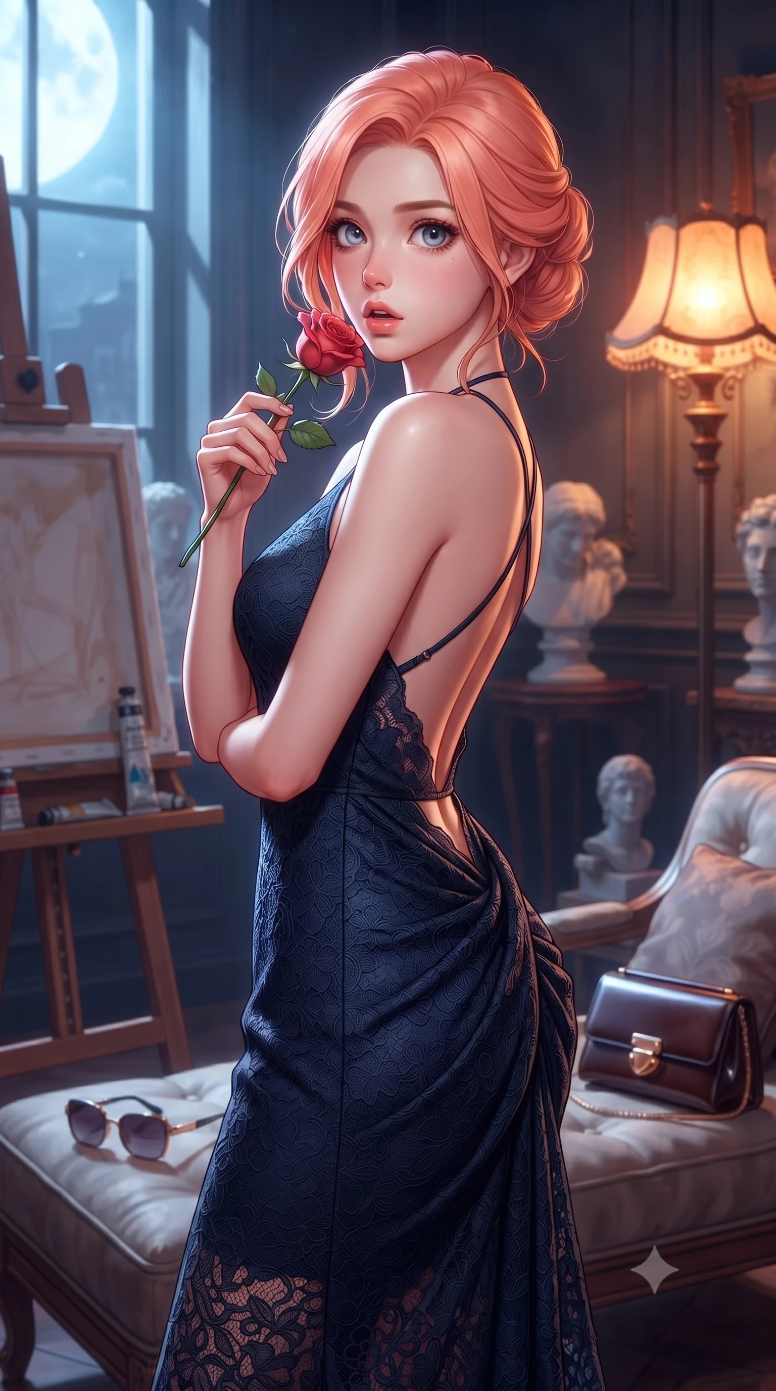 score_9, masterpiece, best quality, ultra-detailed, high-budget anime keyframe, editorial fashion photography, tasteful artistic composition, Japanese woman. close-up cowboy shot from the waist and thighs up, the character dominates the composition, filling the frame with her large presence, background elements kept in soft focus. gasping softly with a charming expression, holding a rose stem near her cheek with a magnetic stare set against a soft-focus background of inside an exclusive art atelier with a pair of designer sunglasses and a sleek leather clutch bag on the lounger. She has an exceptionally elegant, slender, and willowy female figure with an ultra-slim waist, a gracefully sculpted slender torso, and a refined silhouette. sharp v-shaped jawline, high-bridge nose, intricate jewel-like eyes with depth, thick eyelashes, glossy lips with a natural sheen. wearing tailored midnight navy delicate lace backless linen halter dress featuring delicate straps and a draped open-back design featuring refined tailored seams. illuminated by soft silver moonlight contrasting with the warm amber glow of a nearby lamp. highly saturated vibrant anime colors, detailed shading with soft gradients, rich glossy textures, high-contrast stereoscopic depth, volumetric dynamic lighting, master piece, 9:16 ratio
