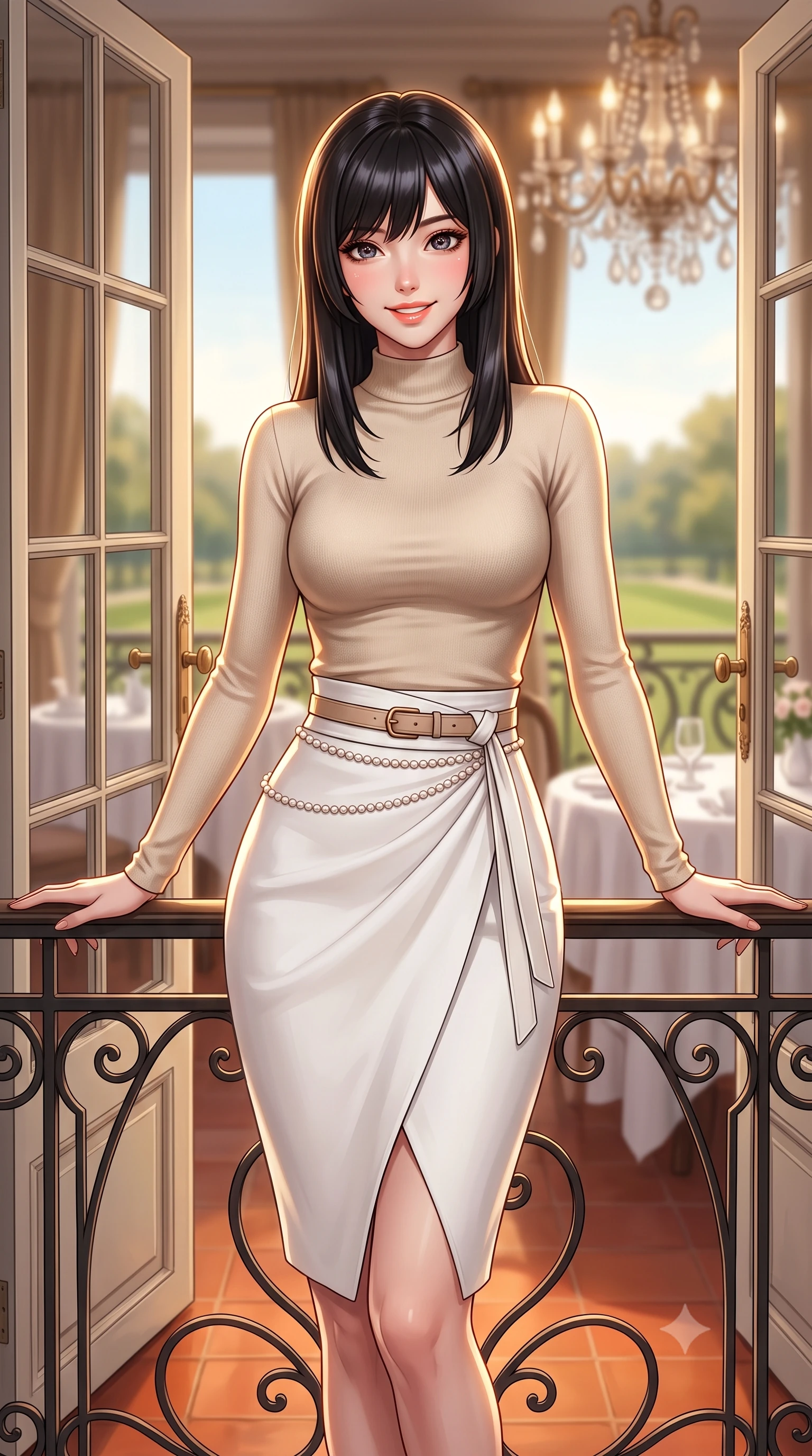 score_9, masterpiece, best quality, ultra-detailed, high-budget anime keyframe, semi-realistic 3D game render, editorial fashion photography, tasteful artistic composition, Caucasian woman. close-up cowboy shot from the waist and thighs up, the character dominates the composition, filling the frame with her large presence. resting both elbows on the balustrade while leaning forward gracefully, her smile sparkling with youthful cute charm and seductive allure while leaning against the ornate French double doors looking out toward Kensington Gardens with a serene, captivating expression. The background shows a soft-focus antique crystal chandelier and white linen tea tables softened in royal afternoon tea shallow focus. She has an exceptionally elegant, slender, and willowy female figure with an ultra-slim waist, flat toned midriff, narrow ribcage, and sculpted feminine hips creating an alluring, slim hourglass silhouette without bulk. sharp v-shaped jawline, high-bridge nose, intricate jewel-like sparkling eyes with depth, thick eyelashes, glossy parted lips with a natural peach sheen, bright cheerful beaming smile with an enchanting and coquettish sensual glint, exuding both youthful cute charm and seductive allure, flawlessly proportioned anatomical accuracy, strict slender model proportions, natural body alignment, perfectly sculpted long slender limbs, ultra-slim waistline, clean dynamic posture without body distortion. wearing a tight-fitting mock-neck silk jersey top paired with a high-waisted wrap pencil skirt cinched with an obi-inspired leather belt in Swiss alpine snow white and oat cashmere, made of high-gauge compact silk knit that hugs her curves with seamless sculpted precision, accented with a dainty pearl waist chain catching the ambient sunlight across her sculpted waistline, the snug waist-cinching tailoring accentuating her ultra-slim waistline and the enchanting curve of her feminine hips with alluring seductive charm. illuminated by terracotta floor reflection fill and warm golden rim lights defining her delicate collar and willowy silhouette. highly saturated vibrant anime colors, detailed shading with soft gradients, rich glossy textures, high-contrast stereoscopic depth, volumetric dynamic lighting, master piece, 9:16 ratio