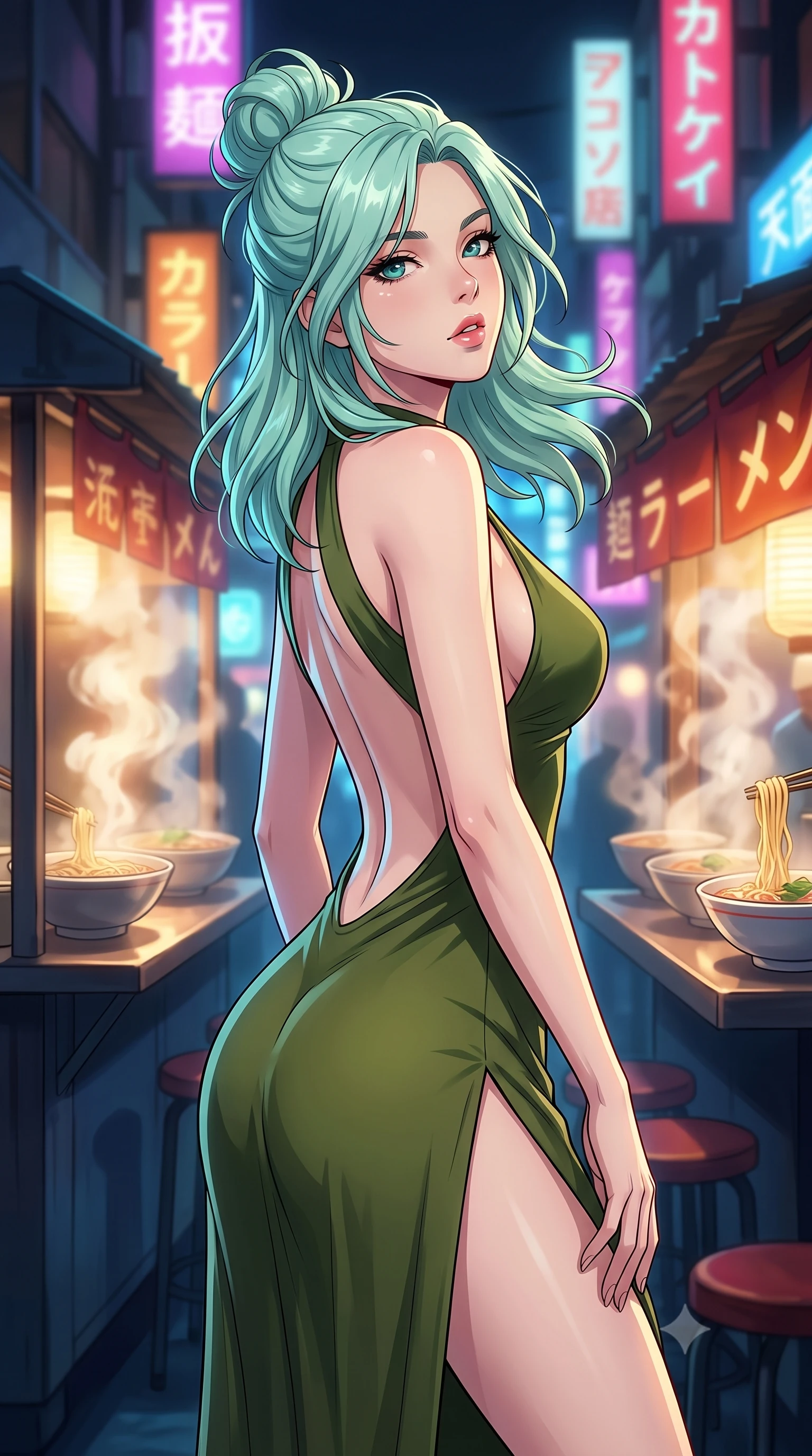 score_9, masterpiece, best quality, ultra-detailed, high-budget anime keyframe, tasteful artistic composition, Japanese woman. close-up cowboy shot from the waist and thighs up, the character dominates the composition, filling the frame with her large presence, background elements kept in soft focus. tilting her chin up slightly with lips parted in a composed, provocative expression the background shows a soft-focus a cyber-noir street market with steaming noodle stalls and neon signage. She has an exceptionally elegant, slender, and willowy female figure with an ultra-slim waist, a gracefully sculpted slender torso, and a refined silhouette. sharp v-shaped jawline, high-bridge nose, intricate jewel-like eyes with depth, thick eyelashes, glossy lips with a natural sheen. wearing a form-contouring dramatic open-back maxi dress in olive green, featuring a high thigh slit. dappled warm steam glow contrasting with cool blue shadow lighting. highly saturated vibrant anime colors, cel-shading, 2d style, master piece, 9:16 ratio