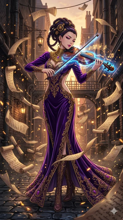 score_9, masterpiece, best quality, ultra-detailed, Set A: High-budget Anime Keyframe, Japanese woman. Low angle cowboy shot filling the entire 9:16 frame with her statuesque presence. Theme: Urban Decay. playing a holographic violin in a steampunk L