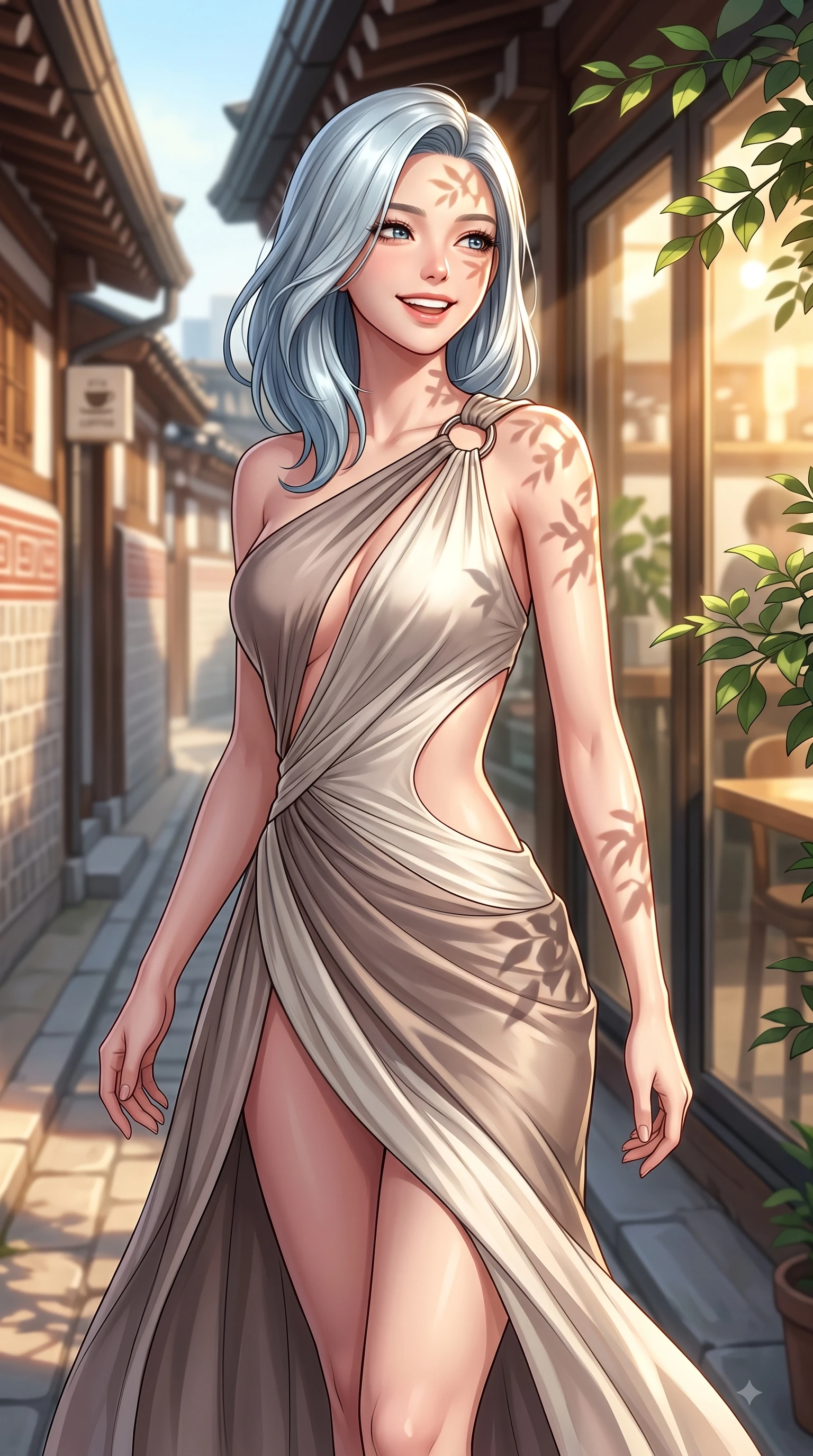 score_9, masterpiece, best quality, ultra-detailed, high-budget anime keyframe, editorial fashion photography, tasteful artistic composition, Korean woman. close-up cowboy shot from the waist and thighs up, the character dominates the composition, filling the frame with her large presence, background elements kept in soft focus. Radiant youthful grin reflecting college charm while casting a playful, joyful side-gaze with heavy lashes while stepping along a quiet Hanok alley lined with artisanal coffee shops under warm sunlight, lush green garden leaves outside casting delicate organic stencil shadows across her face. She has an exceptionally elegant, slender, and willowy female figure with an ultra-slim waist, a gracefully sculpted slender torso, and a refined silhouette. sharp v-shaped jawline, high-bridge nose, intricate jewel-like eyes with depth, thick eyelashes, glossy lips with a natural sheen, flawlessly proportioned anatomical accuracy, natural body alignment, perfectly sculpted elegant limbs, clean dynamic posture without body distortion. wearing an asymmetrical Grecian draped chiffon gown with a metallic shoulder ring in muted taupe and soft ivory, crafted from lustrous satin jersey with fluid draping, featuring clean architectural cutouts along her slender torso, the tailored fabric tightly following every curve of her athletic build. bathed in warm golden sunlight streaming through clean glass cafe windows. highly saturated vibrant anime colors, detailed shading with soft gradients, rich glossy textures, high-contrast stereoscopic depth, volumetric dynamic lighting, master piece, 9:16 ratio