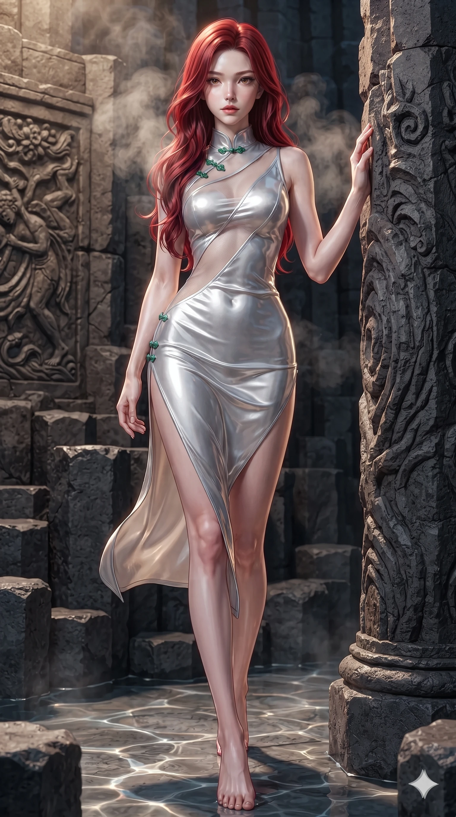 score_9, masterpiece, best quality, ultra-detailed, high-budget anime keyframe, editorial fashion photography, tasteful artistic composition, Caucasian woman. low angle full-body shot from head to toe showing her feet, filling the entire 9:16 vertical frame with her statuesque presence, stretching her vertical silhouette. stepping forward in a confident stride, her long slender legs and curvaceous hips creating a dynamic, sweeping vertical line while leaning against the carved volcanic column with hips cocked back, casting an alluring bedroom-gaze through rising mineral steam motes. The surrounding environment is rendered in vivid detail and crisp panoramic clarity: sharp columnar basalt geometry, textured stone carving reliefs, and crisp paper lantern crease lines in deep focus. She has an exceptionally tall and slender model-like 8.5-heads proportion, an ultra-slim waist, a flat toned midriff, narrow delicate ribcage, and beautifully sculpted feminine hips creating a graceful, slim hourglass silhouette without any bulky heaviness, with impossibly long slender legs. sharp v-shaped jawline, high-bridge nose, intricate jewel-like sparkling eyes with depth, thick eyelashes, glossy parted lips with a natural sheen, intensely captivating and seductive bedroom-eyes expression, exuding both youthful cute charm and sovereign luxury allure, flawlessly proportioned anatomical accuracy, strict slender model proportions, natural body alignment, perfectly sculpted long slender limbs, ultra-slim waistline, clean dynamic posture without body distortion. wearing a wet-look silk fusion wrap dress with asymmetrical sheer mesh cutouts and high Mandarin collar in shimmering silver mercury and pearl white, tailored from heavy double-faced silk georgette with an exceptionally fluid drape, finished with sleek jade frog closures glinting along her high collar, the impeccably tailored cut draping gracefully along her slender figure with aristocratic poise. illuminated by water reflection bounce and sharp amber-gold rim lights sculpting her razor-sharp jawline, narrow waist, and curvy hips. ultra-reflective glossy finish, specular highlights, rich textural contrasts, high-contrast stereoscopic depth, volumetric dynamic lighting, 2k, ultra detail, master piece, 9:16 ratio