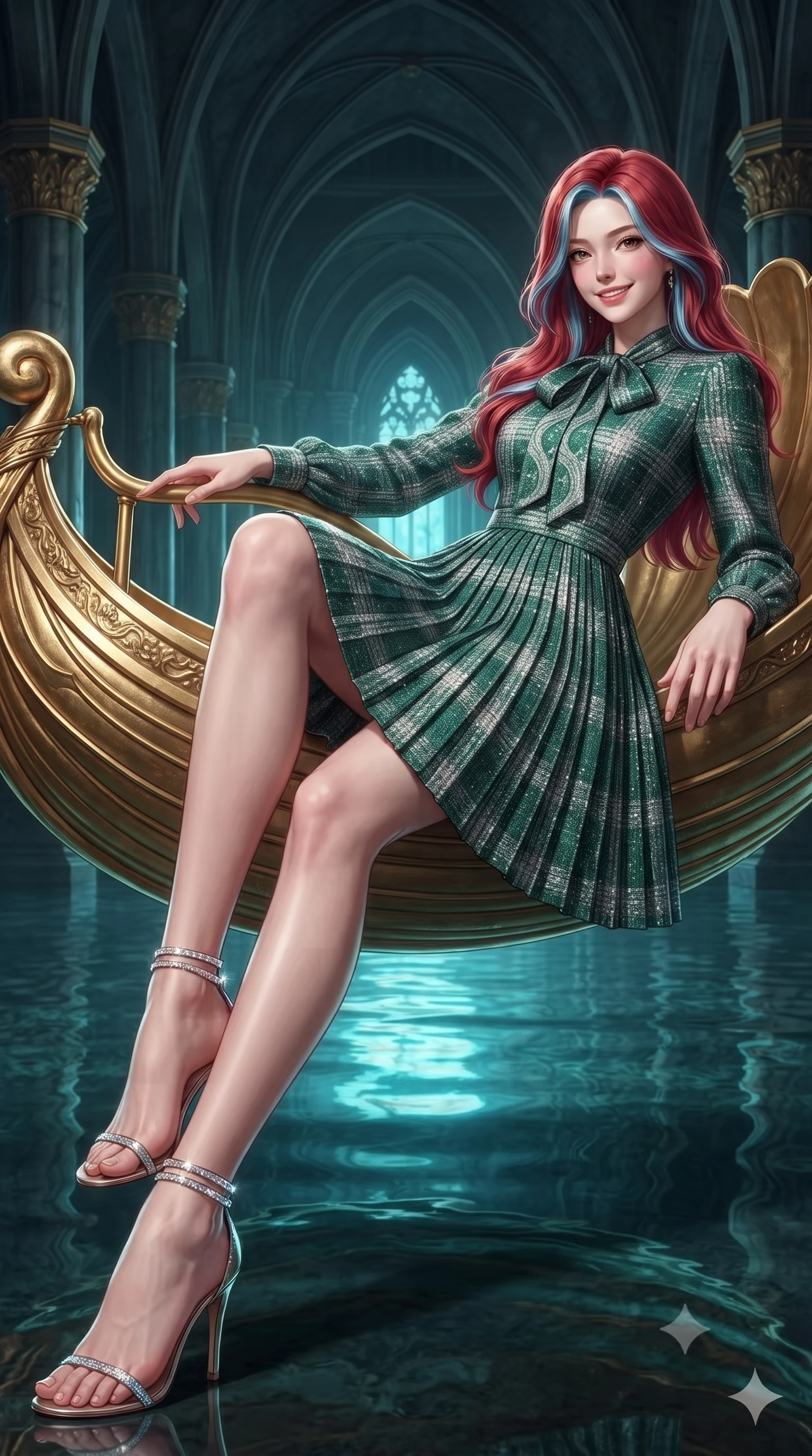 score_9, masterpiece, best quality, ultra-detailed, high-budget anime keyframe, editorial fashion photography, tasteful artistic composition, Caucasian woman. low angle full-body shot from head to toe showing her feet, filling the entire 9:16 vertical frame with her statuesque presence, stretching her vertical silhouette. leaning deep against the balcony balustrade with hips cocked back in an unapologetically alluring high-fashion stance, casting an intoxicating glance while lounging gracefully in the gilded shell barque propped on one elbow with legs extended, her statuesque 8.5-heads silhouette commanding the subterranean fantasy. The surrounding environment is rendered in vivid detail and crisp panoramic clarity: detailed outfit silhouette, sheer cling or tailored lines, and fantasy royal architecture in razor-sharp precision. She has an exceptionally tall and slender model-like 8.5-heads proportion, an ultra-slim waist, a flat toned midriff, narrow delicate ribcage, and beautifully sculpted feminine hips creating a graceful, slim hourglass silhouette without any bulky heaviness, with impossibly long slender legs. sharp v-shaped jawline, high-bridge nose, intricate jewel-like sparkling eyes with depth, thick eyelashes, glossy parted lips with a natural peach sheen, bright cheerful beaming smile with an enchanting and coquettish sensual glint, exuding both youthful cute charm and seductive allure, flawlessly proportioned anatomical accuracy, strict slender model proportions, natural body alignment, perfectly sculpted long slender limbs, ultra-slim waistline, clean dynamic posture without body distortion. wearing an elegant long-sleeve silk georgette tea dress with pleated A-line skirt and neck pussy-bow in Art Nouveau malachite green and antique starlight silver, woven from structured British tweed with subtle metallic flecks, complemented by strappy stiletto sandals with crystal ankle wraps accentuating her slender calves, the impeccably tailored cut draping gracefully along her slender figure with aristocratic poise. illuminated by underground lake reflection bounce and sharp gold-cyan dual rim lights defining her dewy collarbones, ultra-slim waist, and curvy hips. ultra-reflective glossy finish, specular highlights, rich textural contrasts, high-contrast stereoscopic depth, volumetric dynamic lighting, 2k, ultra detail, master piece, 9:16 ratio